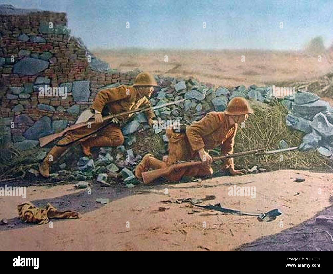 Cina: Seconda guerra sino-giapponese (7 luglio 1937 – 9 settembre 1945). Le truppe giapponesi attendono l'attacco cinese. La seconda guerra sino-giapponese fu un conflitto militare combattuto principalmente tra la Repubblica di Cina e l'Impero del Giappone. Dopo l'attacco giapponese a Pearl Harbor, la guerra si è fusa nel più grande conflitto della seconda guerra mondiale come fronte principale di quella che è ampiamente conosciuta come la guerra del Pacifico. Anche se i due paesi avevano combattuto a intermittenza dal 1931, la guerra totale è iniziata seriamente nel 1937 e si è conclusa solo con la resa del Giappone nel 1945. Foto Stock