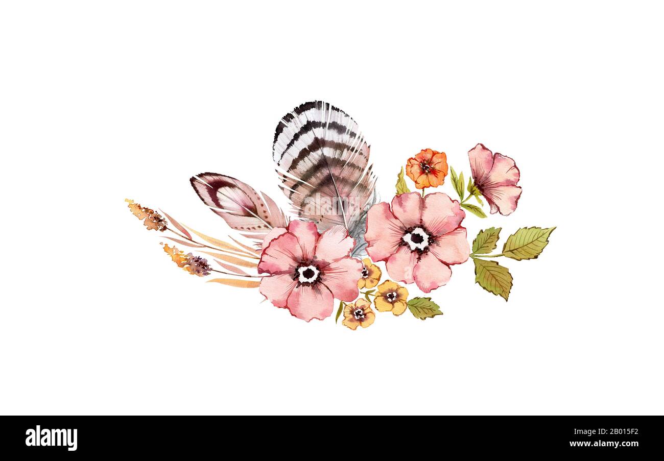 Composizione floreale acquerello. Bouquet di fiori rustici rosa e oro: Rosa, briare, foglie, piume, isolato su sfondo bianco. Dipinto a mano Foto Stock