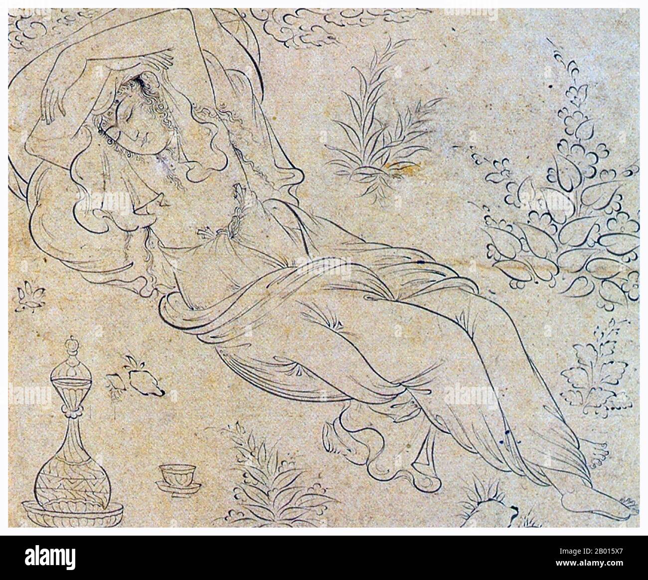 Iran: Donna reclinata. Disegno di Riza Abbasi (c. 1565–1635), 1595. Riza Abbasi, Riza yi-Abbasi o Reza-e Abbasi, anche Aqa Riza o Āqā Riżā Kāshānī fu il primo miniaturista persiano della Scuola di Isfahan durante il periodo Safavid successivo, spendendo la maggior parte della sua carriera lavorando per Shah Abbas i (r.1587-1629). È considerato l'ultimo grande maestro della miniatura persiana, meglio conosciuto per le sue singole miniature per muraqqqa o album, soprattutto per le singole figure di bei giovani. Foto Stock