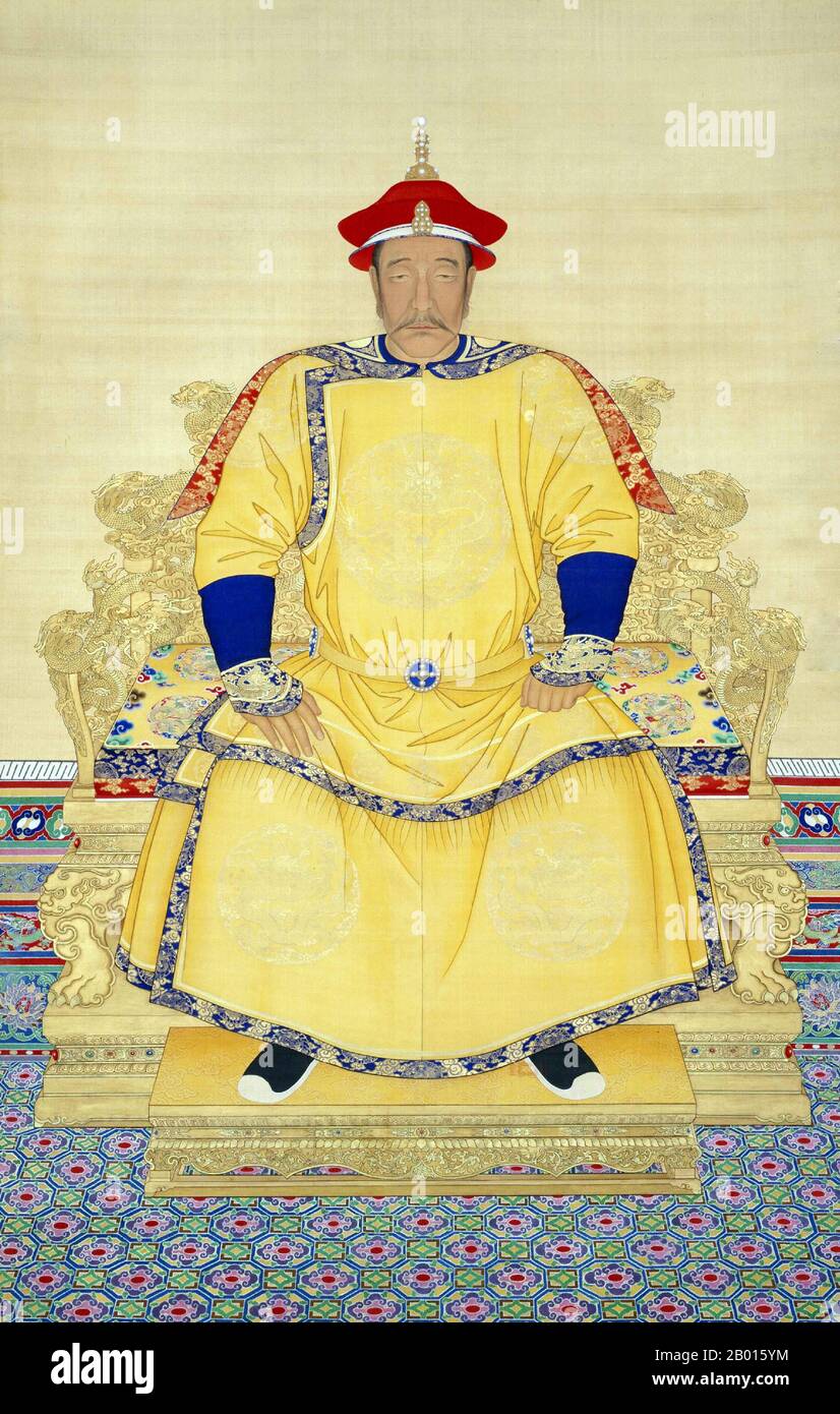 Cina: Nurhaci (21 febbraio 1559 – 30 settembre 1626), 1° Khan della successiva dinastia Jin. Rotolo appeso pittura, 17 ° secolo. Nurhaci/Nurhachi, il nome del tempio Taizu, fu un importante capo di Jurchen che salì alla ribalta alla fine del XVI secolo in quella che è oggi la Cina nordorientale. Nurhaci faceva parte del clan Aisin Gioro e fu il fondatore khan della successiva dinastia Jin, che regnò dal 1616 al 1626. Nurhaci riorganizzò e unì varie tribù Jurchen, consolidò il sistema militare degli otto Banners, e alla fine lanciò un assalto alla dinastia Ming della Cina e alla dinastia Joseon della Corea. Foto Stock