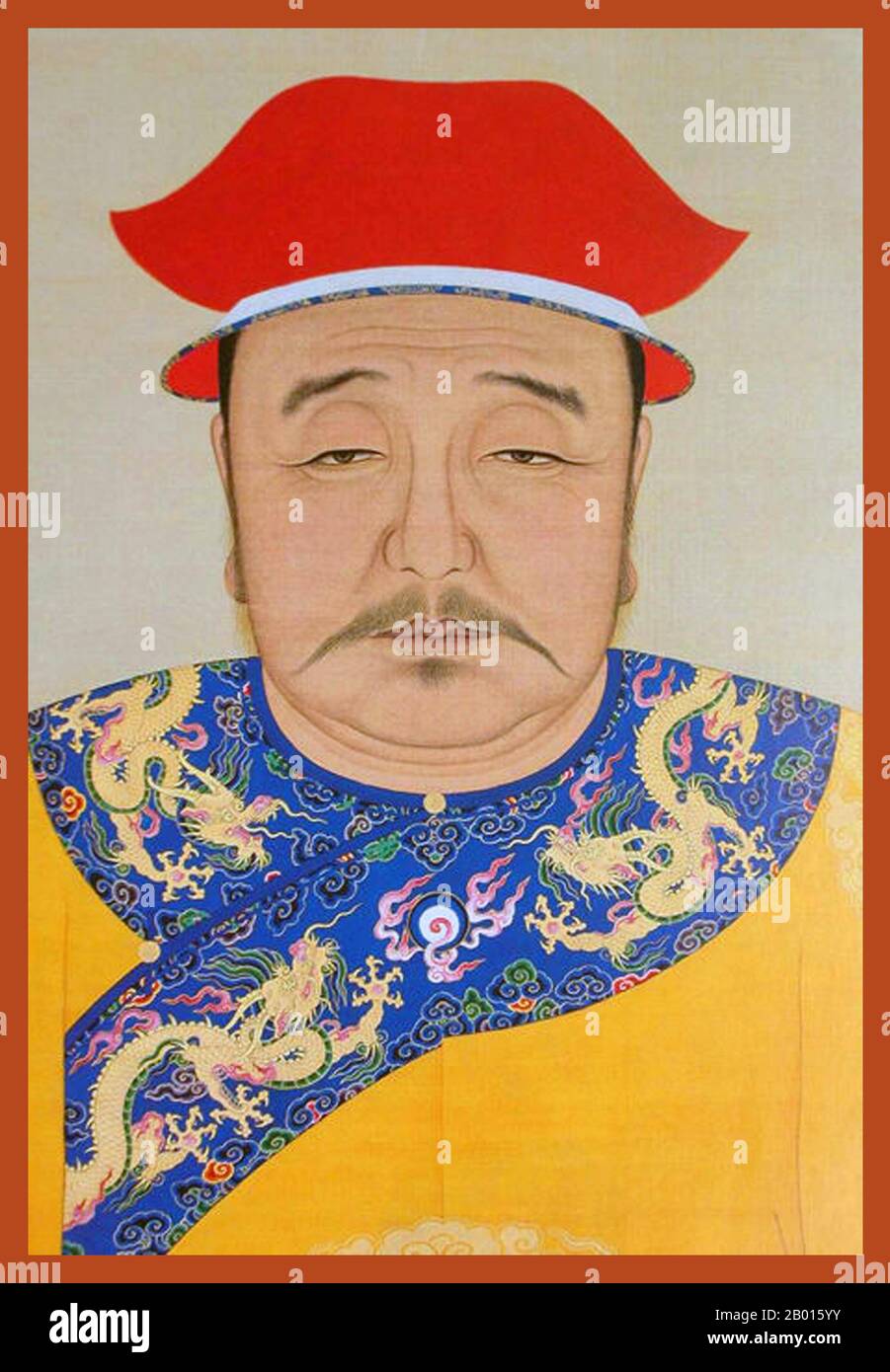 Cina: Huang Taiji (28 novembre 1592 – 21 settembre 1643), 2° imperatore Qing (r. 1636-1643). Rotolo appeso pittura, 17 ° secolo. Hong Taiji, il nome del tempio Taizong e conosciuto anche come Abahai, fu il secondo khan della successiva dinastia Jin e imperatore fondatore della dinastia Qing. Fu responsabile del consolidamento dell'impero che suo padre, Nurhaci, aveva fondato. Egli pose le basi per la conquista della dinastia Ming in Cina vera e propria, anche se morì prima che questo fosse finito. Cambiò il nome del suo popolo da Jurchen a Manchu nel 1635, così come quello della dinastia da Jin più tardi a Qing. Foto Stock