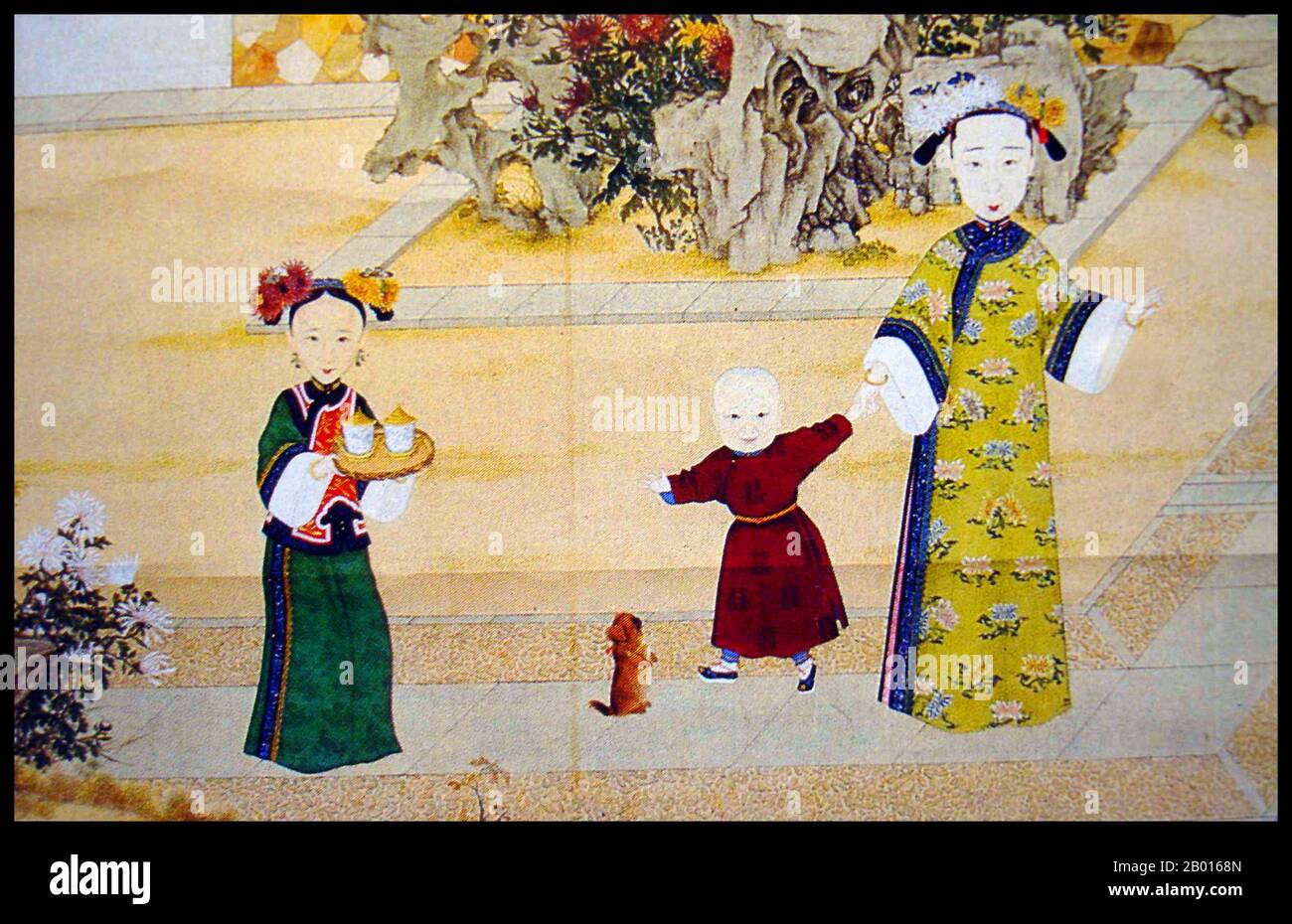Cina: Imperatrice Xiao Jing Cheng (19 giugno 1812 - 21 agosto 1855), quarto consorte dell'imperatore Daoguang, con il principe Yixin. Pittura di Handscroll, c.. 1830-1855. L'imperatrice Xiaojingcheng fu consorte dell'imperatore Daoguang, madre del principe Yixin, noto anche come Principe Gong, e madre adottiva del principe Yizhu, l'imperatore Xianfeng. Affollato dal clan Borjigit di Khorchin Mongol Plain Blue Banner, Lady Borjigit divenne 'concubine Jing' nel 1826, prima di essere elevato a 'Consort Jing' l'anno successivo. Otto giorni prima della sua morte, a causa degli sforzi di Yixin, le fu dato il titolo di 'Empress Dowager Kangci'. Foto Stock
