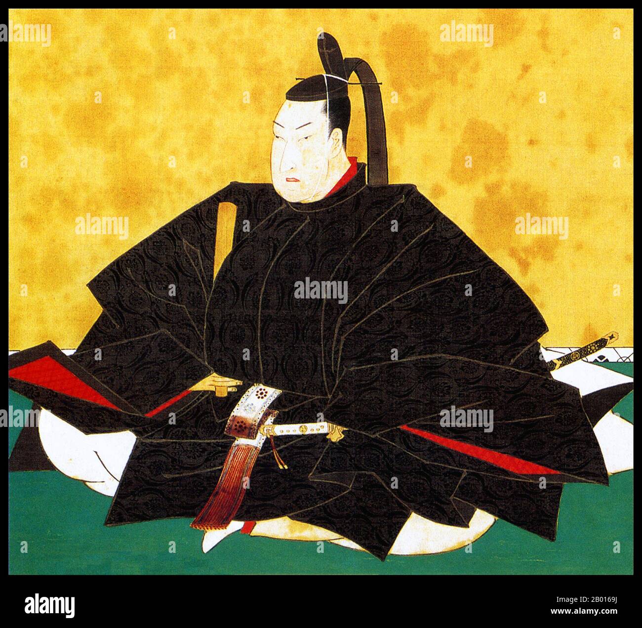 Giappone: Tokugawa Tsunayoshi (23 febbraio 1646 - 19 febbraio 1709), quinto sovrano del Tokugawa Shogunate (r. 1680-1709). Rotolo appeso dipinto di Tosa Mitsuoki (1617-1691), XVII secolo. Tokugawa Tsunayoshi, nato Tokumatsu, era il quinto shogun della dinastia Tokugawa e figlio di Tokugawa Iemitsu. Quando suo fratello maggiore, lo shogun Tokugawa Ieyasu, morì senza lasciare un erede, Tsunayoshi fu scelto per succedergli. Era puritanico, vietava la prostituzione e le cameriere, e istituiva leggi di protezione degli animali, guadagnandogli il soprannome pejorative di 'il cane shogun'. Foto Stock