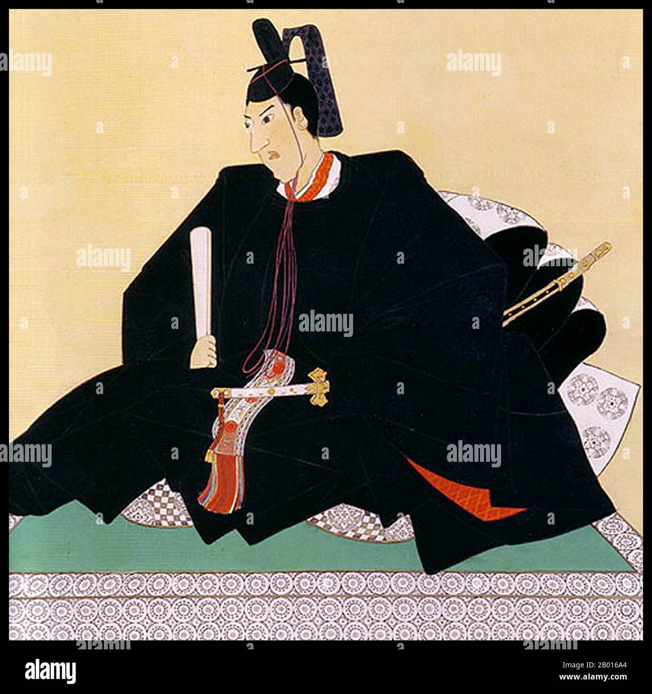 Giappone: Tokugawa Iemochi (17 luglio 1846 - 29 agosto 1866), quattordicesimo governatore del Tokugawa Shogunate (r. 1858-1866). Dipinto a scroll appeso di Tokugawa Mochinaga (1831-1884), c.. 1866-1867. Tokugawa Iemochi, nato Kikuchiyo, era il quattordicesimo shogun dello shogunato Tokugawa. Nel 1858 fu adottato dallo shogun Tokugawa Iesada e ne fece il successore. Iesada morì poco dopo e Iemochi divenne il nuovo shogun. Il suo breve regno vide molto tumulto interno dovuto alla 'riapertura' del Giappone alle nazioni occidentali dopo il primo contatto importante del Giappone con gli Stati Uniti, indebolendo lo shogunato. Foto Stock