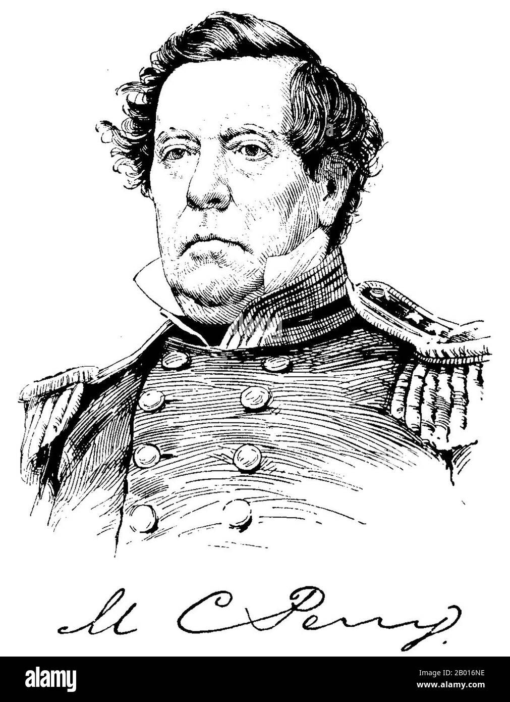 USA: Commodore Matthew Calbraith Perry (10 aprile 1794 - 4 marzo 1858). Verticale, c.. 1858. Matthew Calbraith Perry era un Commodore della Marina degli Stati Uniti che ha costretto l'apertura del Giappone ad ovest con la Convenzione di Kanagawa in 1854, quando ha minacciato bombardare Edo (Tokyo) con le sue navi se resistessero. Perry aveva comandato navi in diverse guerre, tra cui la guerra del 1812 e la guerra messicano-americana (1846-1848). La sua difesa per la modernizzazione della Marina degli Stati Uniti lo portò ad essere chiamato 'il Padre della Marina a vapore'. Foto Stock