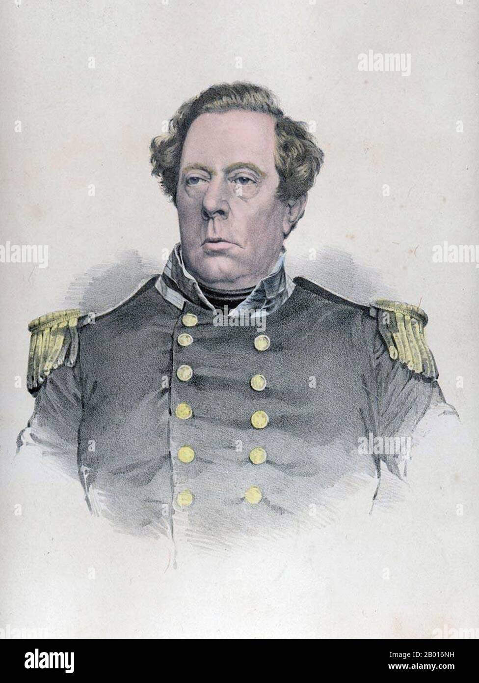 USA: Commodore Matthew Calbraith Perry (10 aprile 1794 - 4 marzo 1858). Litografia colorata a mano, c. 1858. Matthew Calbraith Perry era un Commodore della Marina degli Stati Uniti che ha costretto l'apertura del Giappone ad ovest con la Convenzione di Kanagawa in 1854, quando ha minacciato bombardare Edo (Tokyo) con le sue navi se resistessero. Perry aveva comandato navi in diverse guerre, tra cui la guerra del 1812 e la guerra messicano-americana (1846-1848). La sua difesa per la modernizzazione della Marina degli Stati Uniti lo portò ad essere chiamato 'il Padre della Marina a vapore'. Foto Stock