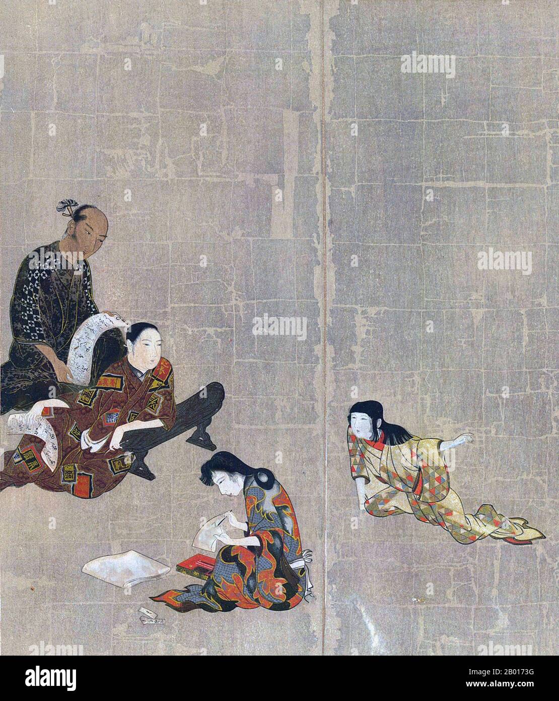 Giappone: Sezione dallo schermo di Hikone, un dipinto di schermo pieghevole di byobu, c.. 1624-1644. Lo schermo Hikone era uno schermo pieghevole byobo dell'era di Kan'ei (c.. 1624-1644) del periodo Edo. Dipinta su carta in foglia d'oro e ripiegata in sei parti, lo schermo raffigura i quartieri del piacere di Kyoto, con persone che suonano musica e giochi. E' un rappresentante della prima pittura di genere giapponese moderna, e vista da alcuni come la prima opera d'arte ukiyo-e. È stato designato un tesoro nazionale nel 1955. Foto Stock