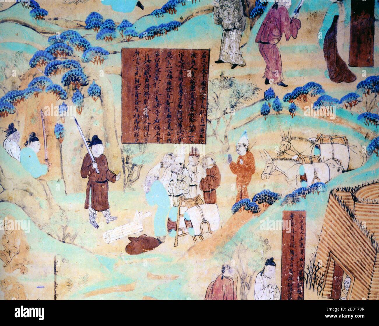 Cina: Un gruppo di banditi che regge una carovana di viaggiatori sulla Via della Seta. Mural, Mogao Cave 45, Dunhuang, 8th secolo. Il banditismo era solo uno dei tanti pericoli che i viaggiatori affrontavano sulla Via della Seta. Le offerte sono state fatte alle Grotte di Mogao, tra le altre località sacre lungo il tragitto, per chiedere un passaggio sicuro, o per ringraziare per un ritorno sicuro. Foto Stock