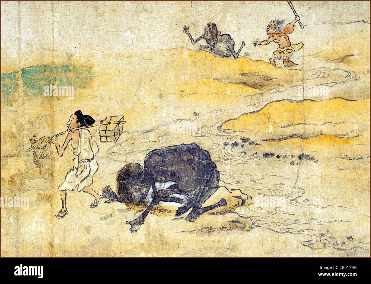 Giappone: 'Hungry Ghosts Scroll'. Dettaglio da un dipinto a grasino, fine 12th secolo. La prima sezione dell'Hungry Ghosts Scroll si trova presso il Museo Nazionale di Kyoto. Il rotolo raffigura il mondo dei fantasmi affamati, uno dei sei reami del Buddismo e contiene storie di salvezza dei fantasmi affamati. Questa sezione specifica spiega come coloro che sono nati come fantasmi affamati sono salvati dalle offerte dei viventi. Essa racconta la storia di uno dei trentasei tipi di fantasmi affamati che cercano costantemente acqua da bere e raffigura la sofferenza di queste creature. Foto Stock