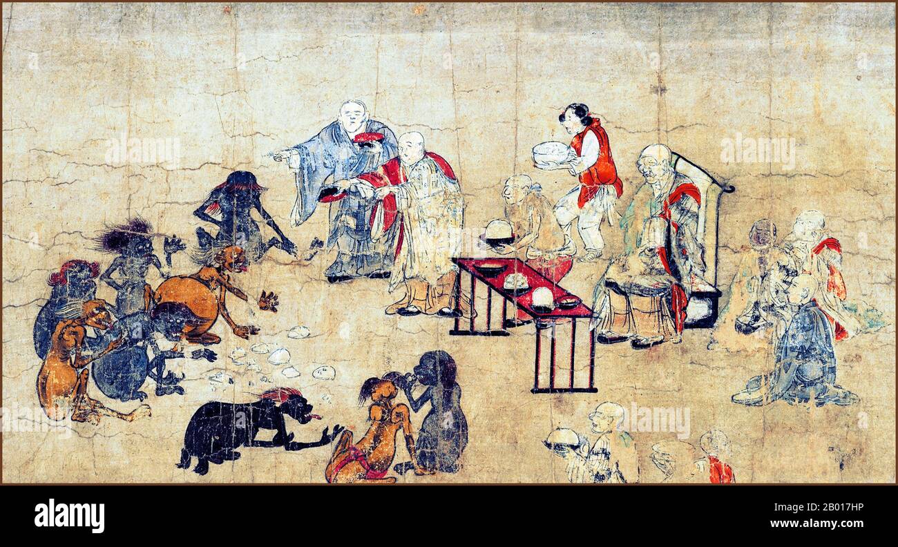 Giappone: 'Hungry Ghosts Scroll'. Dettaglio da un dipinto a grasino, fine 12th secolo. Settima sezione dell'Hungry Ghosts Scroll situata presso il Museo Nazionale di Kyoto. Il rotolo raffigura il mondo dei fantasmi affamati, uno dei sei reami del Buddismo e contiene storie di salvezza dei fantasmi affamati. Questa particolare sezione racconta come Ananda, discepolo di Shakyamuni, passò sul metodo della salvezza che fu raccontato nella sesta sezione dello stesso rotolo. Mostra monaci che offrono cibo e bevande agli spiriti dei morti. Foto Stock