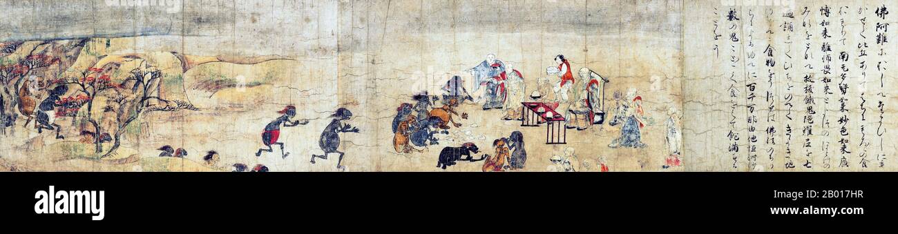 Giappone: 'Hungry Ghosts Scroll'. Dettaglio da un dipinto a grasino, fine 12th secolo. Settima sezione dell'Hungry Ghosts Scroll situata presso il Museo Nazionale di Kyoto. Il rotolo raffigura il mondo dei fantasmi affamati, uno dei sei reami del Buddismo e contiene storie di salvezza dei fantasmi affamati. Questa particolare sezione racconta come Ananda, discepolo di Shakyamuni, passò sul metodo della salvezza che fu raccontato nella sesta sezione dello stesso rotolo. Mostra monaci che offrono cibo e bevande agli spiriti dei morti. Foto Stock