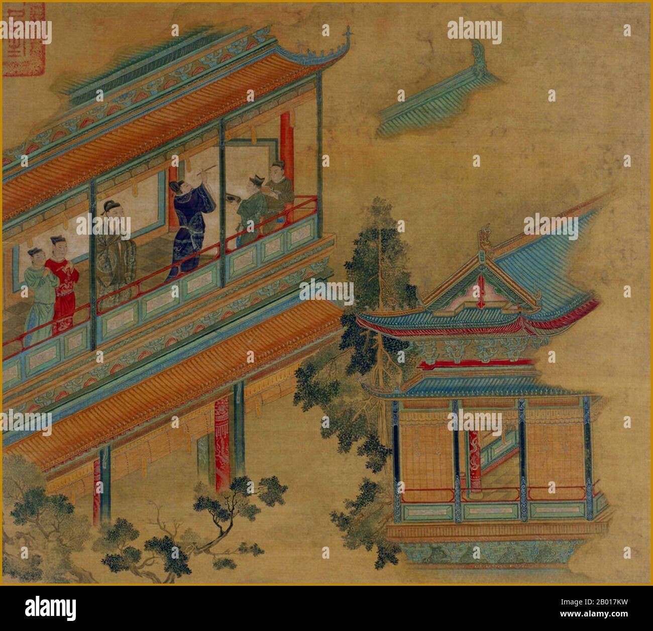 Cina: Li Shimin, imperatore Taizong di Tang (23 gennaio 599 – 10 luglio 649) esaminando un rotolo su un balcone. Particolare della pittura a grauola di Chen Shu (1660-1736), fine 17th secolo. L'imperatore Taizong di Tang (Wade-Giles: T'ai-Tsung), nome personale Lǐ Shìmín, era il secondo imperatore della dinastia Tang della Cina, che governava dal 626 al 649. Mentre incoraggiò suo padre, li Yuan (in seguito imperatore Gaozu), a levarsi contro il dominio della dinastia sui a Taiyuan nel 617 e successivamente a sconfiggere molti dei suoi rivali più importanti, fu cerimonialmente considerato come co-fondatore della dinastia accanto all'imperatore Gaozu. Foto Stock