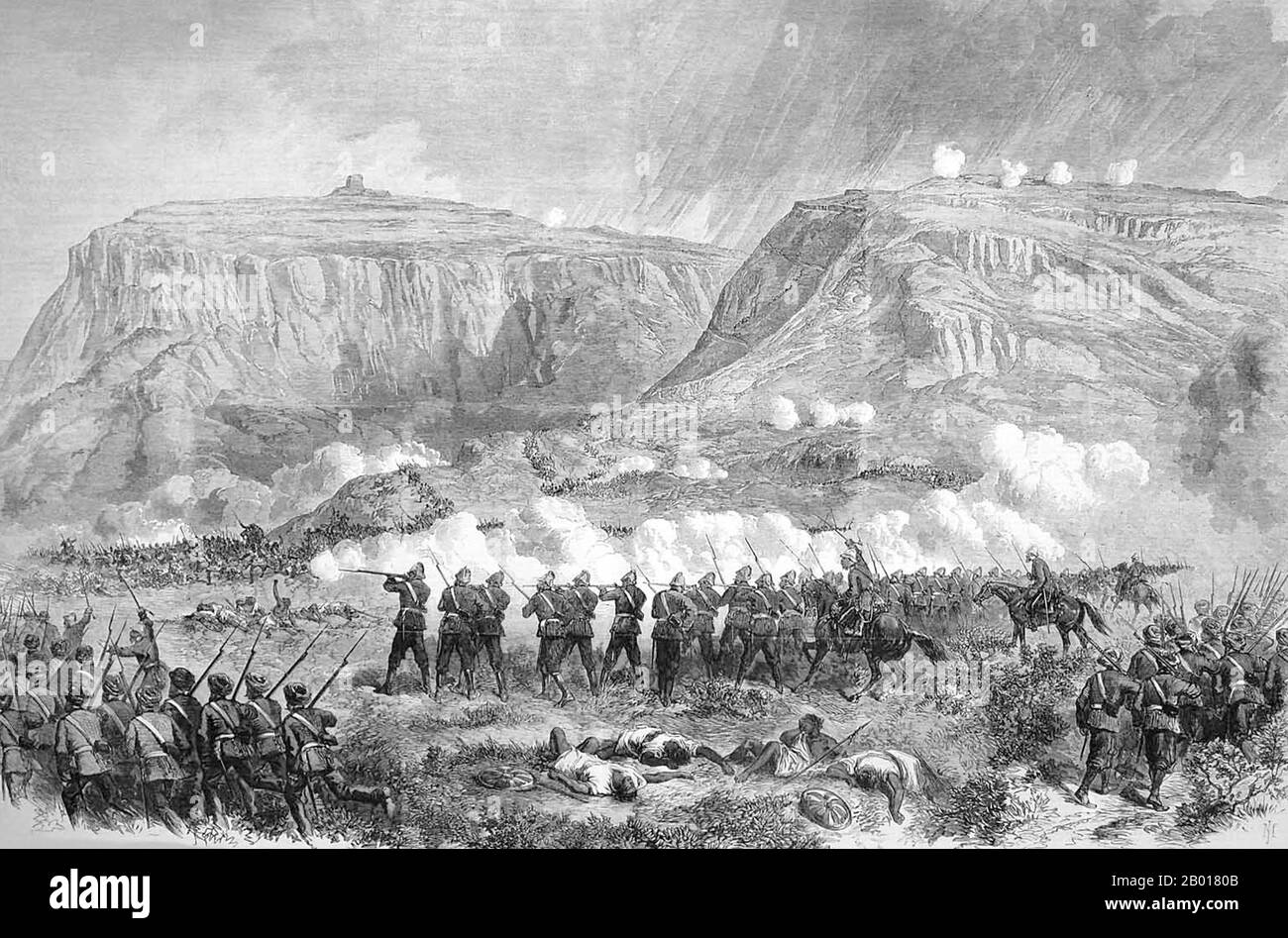 Etiopia: 'La battaglia prima di Magdala'. Illustrazione da 'British Battles on Land and Sea, Vol. III' di James Grant (fl. 19th secolo), c.. 1880. La spedizione britannica del 1868 in Abissinia fu una spedizione punitiva condotta dall'impero britannico contro l'impero etiope. L'imperatore Tewodros II d'Etiopia, noto anche come 'Theodore', imprigionò diversi missionari e due rappresentanti del governo britannico. La spedizione punitiva lanciata in risposta richiedeva il trasporto di una forza militare di grande rilievo a centinaia di miglia attraverso terreni montagnosi privi di qualsiasi sistema stradale. Foto Stock