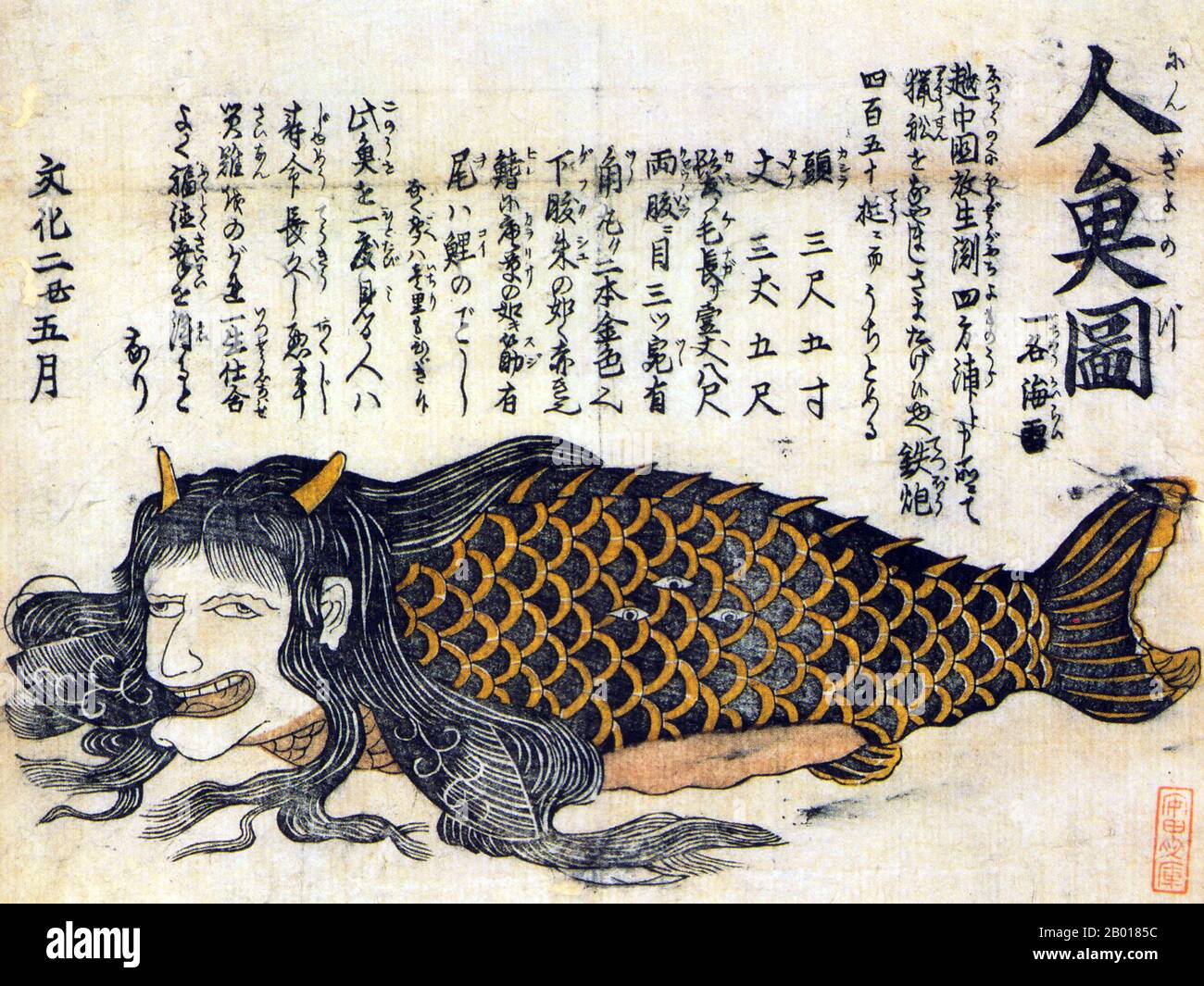 Giappone: Stampa a blocchi di legno di un ningyo (sirena) di kairai ('lampo  di mare'), riferito catturato in Toyoma Bay, c.. 1805. Il testo di  accompagnamento riporta che la creatura era lunga
