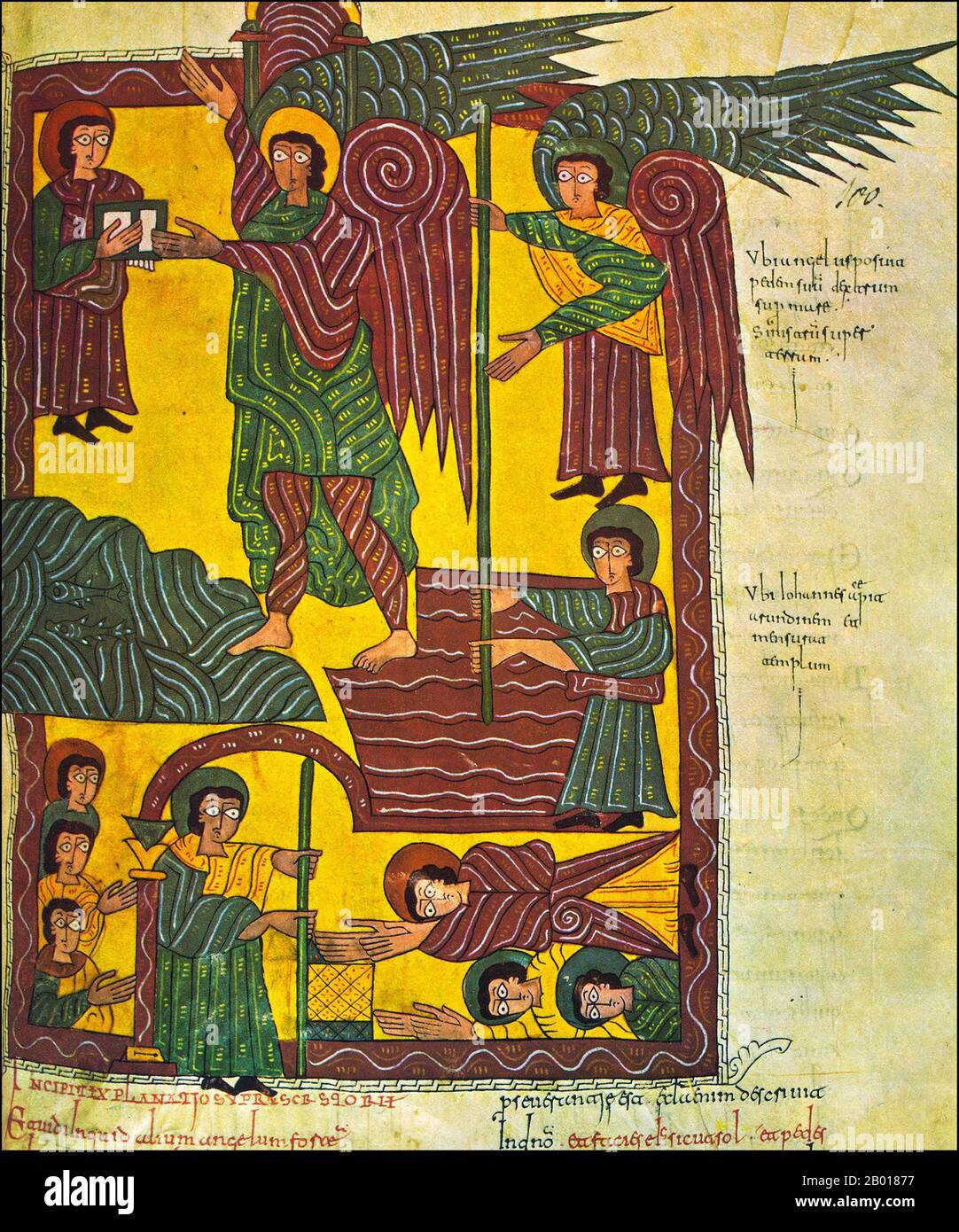 Spagna: 'L'Angelo, il Libro, e misurare il Tempio'. Illuminazione dal beato Escorial, eventualmente di Florentius (fl. 10th secolo), c.. 950. Il Beato Escorial è un manoscritto illuminato del 10th secolo del commento sull'Apocalisse di Beatus di Liébana (c.. 730-800). Il manoscritto fu probabilmente creato nel monastero di San Millán de la Cogolla. Ci sono 151 fogliame estanti; il manoscritto è illustrato con 52 miniature sopravvissute. L'Apocalisse di Giovanni è il Libro dell'Apocalisse, l'ultimo libro del nuovo Testamento. Foto Stock