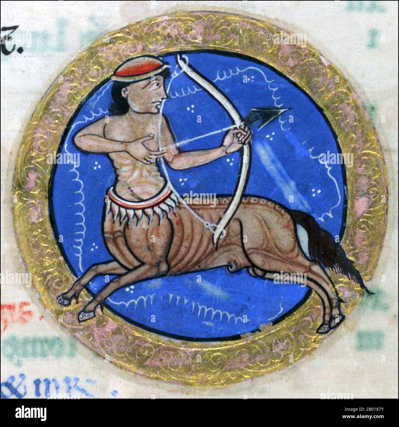 Inghilterra: Simbolo zodiacale del Sagittario come rappresentato nel Salterio Hunteriano, c.. 1170. Il Salterio Hunteriano (o Salterio di York) è un manoscritto illuminato del 12th secolo. È stato prodotto in Inghilterra intorno al 1170 ed è considerato un esempio impressionante di arte romanica del libro. L'opera fa parte della collezione della Glasgow University Library, che ha acquisito il libro nel 1807. Deriva il suo nome colloquiale, il 'Salterio Hunterian', da essere stato parte della collezione del 18th secolo anatomista scozzese e collezionista di libri William Hunter. Foto Stock