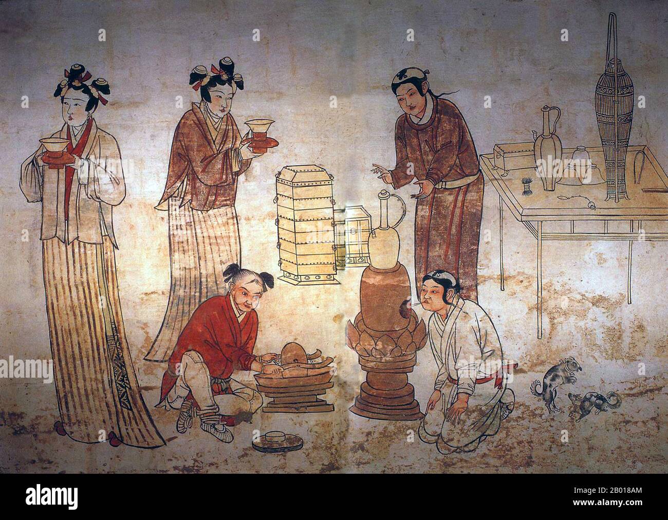 Cina: Un gruppo di persone che preparano il tè. Murale nella tomba di Zhang Kuangzheng, Xuanhua, Hebei, Dinastia Liao (1093-1117). La dinastia di Liao, conosciuta anche come l'Impero Khitan, era uno stato che dominava le regioni di Manciuria, Mongolia, e parti della Cina settentrionale propriamente detta. Fu fondata dal clan Yelü del popolo Khitano nello stesso anno in cui la dinastia Tang crollò (907), anche se il suo primo sovrano, Yelü Abaoji (Yaruud Ambagai Khan), non dichiarò un nome di epoca fino al 916. Foto Stock