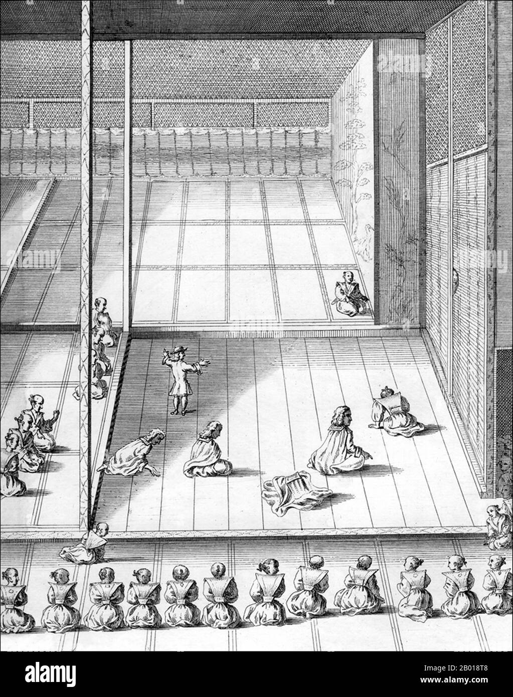 Giappone: 'Udienza di Cornelisz van Outhoorn, capo della fabbrica olandese a Dejima (Nagasaki), presso il castello di Edo nel 1692. Su richiesta di Shogun Tsunayoshi, Engelbert Kaempfer, il medico di Outhoorn, sta mostrando una danza europea». Incisione di Johann Caspar Scheuchzer (26 gennaio 1702 - 21 aprile 1729), 1727. Tokugawa Tsunayoshi (23 febbraio 1646 – 19 febbraio 1709) è stato il quinto shogun della dinastia Tokugawa del Giappone. È noto per aver istituito leggi sulla protezione degli animali, in particolare per i cani. Questo gli guadagnò il soprannome di 'dog shogun'. Foto Stock