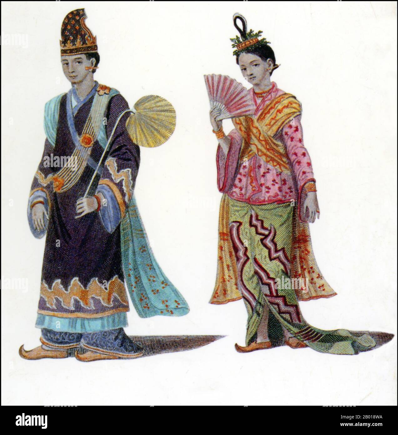 Birmania/Myanmar: Nobilità della dinastia Kontaung in abito da corte durante il regno di re Bodawpaia (1782-1819). Illustrazione di Singey Bey (fl. 1790-1800s), 1799. "Un wungyi (wungee) o membro del consiglio principale e sua moglie nel loro vestito di cerimonia". L'incisione è stata da Michael Symes 'un conto di un'ambasciata nel Regno di Ava, inviato dal Governatore generale dell'India nell'anno 1795'. Un wungyi ha tenuto il grado di ministro. Foto Stock