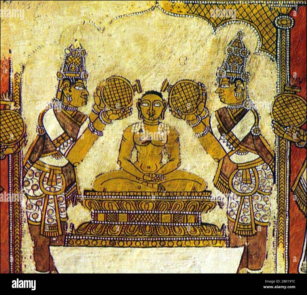 India: Murale dal Tempio di Jaina a Thiruparruthikundram, Kanchipuram, Tamil Nadu, c.. 15th secolo. Primo murale nel tempio di Vardhamāna - scene della vita di Vardhamāna, Abhiseka. Periodo Vijayanagara. Foto Stock