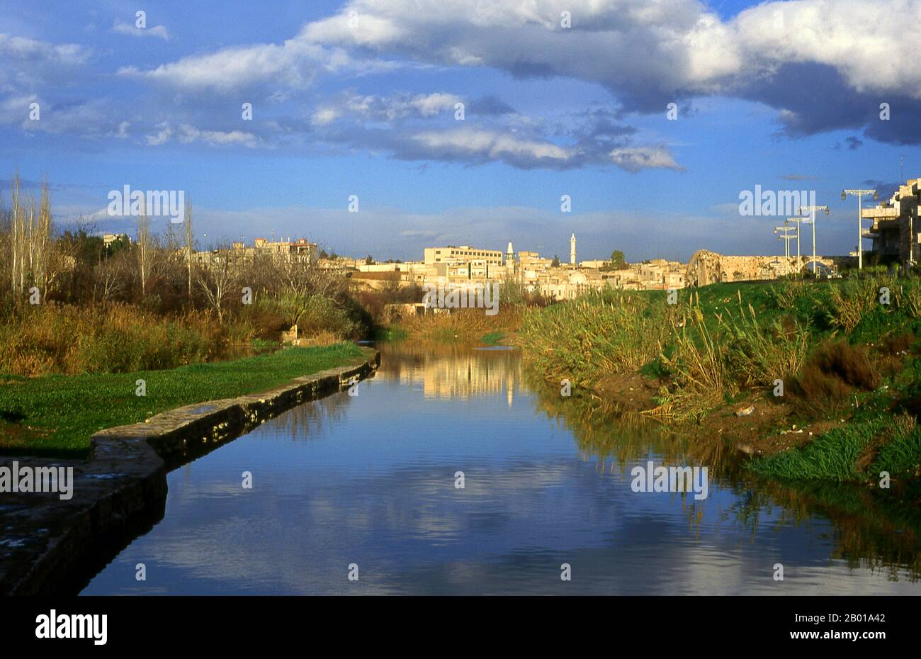 Siria: Una vista della città di Hama e delle sue norie del 12th-13th secolo (waterwheels). Una noria è una macchina per il sollevamento dell'acqua in un piccolo acquedotto a scopo di irrigazione. Hama è la posizione della città storica di Hamath. Nel 1982 fu teatro del peggiore massacro della storia araba moderna. Il presidente Hafaz al-Assad ordinò al fratello Rifaat al-Assad di sedare una rivolta islamista sunnita nella città. Si stima che tra 25.000 e 30.000 persone siano state massacrate. Foto Stock