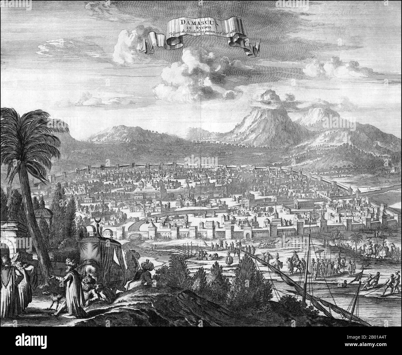 Siria: Una rappresentazione nozionale di Damasco. Incisione di Olfert Dapper (6 gennaio 1636 - 29 dicembre 1689), 1677. Olfert Dapper era un medico e scrittore olandese. Ha scritto un libro sulla storia di Amsterdam, e più tardi ha scritto anche su Africa, Cina, India, Persia, Georgia e Arabia, anche se non ha visitato nessuna di queste destinazioni esotiche in se. Infatti, non ha mai viaggiato fuori dell'Olanda. Foto Stock