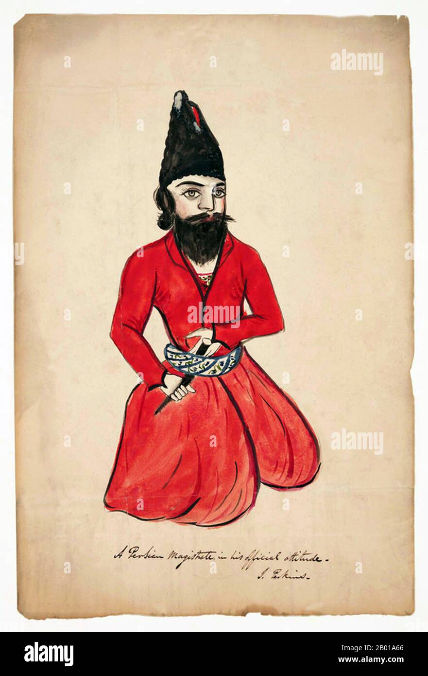 Iran: "Un magistrato persiano nel suo atteggiamento ufficiale”. Disegno acquerello di Justin Perkins (1805-1869), Urmia, 1839. Justin Perkins è nato in una fattoria in Massachusetts e ha studiato ad Amherst e al Seminario Teologico di Andover. Dal 1833 fino a poco prima della sua morte nel 1869, ha servito come missionario ai cristiani nestoriani del Qajar Iran (1794-1925) sotto gli auspici del Consiglio americano dei commissari delle Missioni estere. Fu il primo missionario americano in Qajar Iran, nonché eminente studioso di siriaco. Ha sviluppato un alfabeto per la scrittura del Syriac moderno. Foto Stock