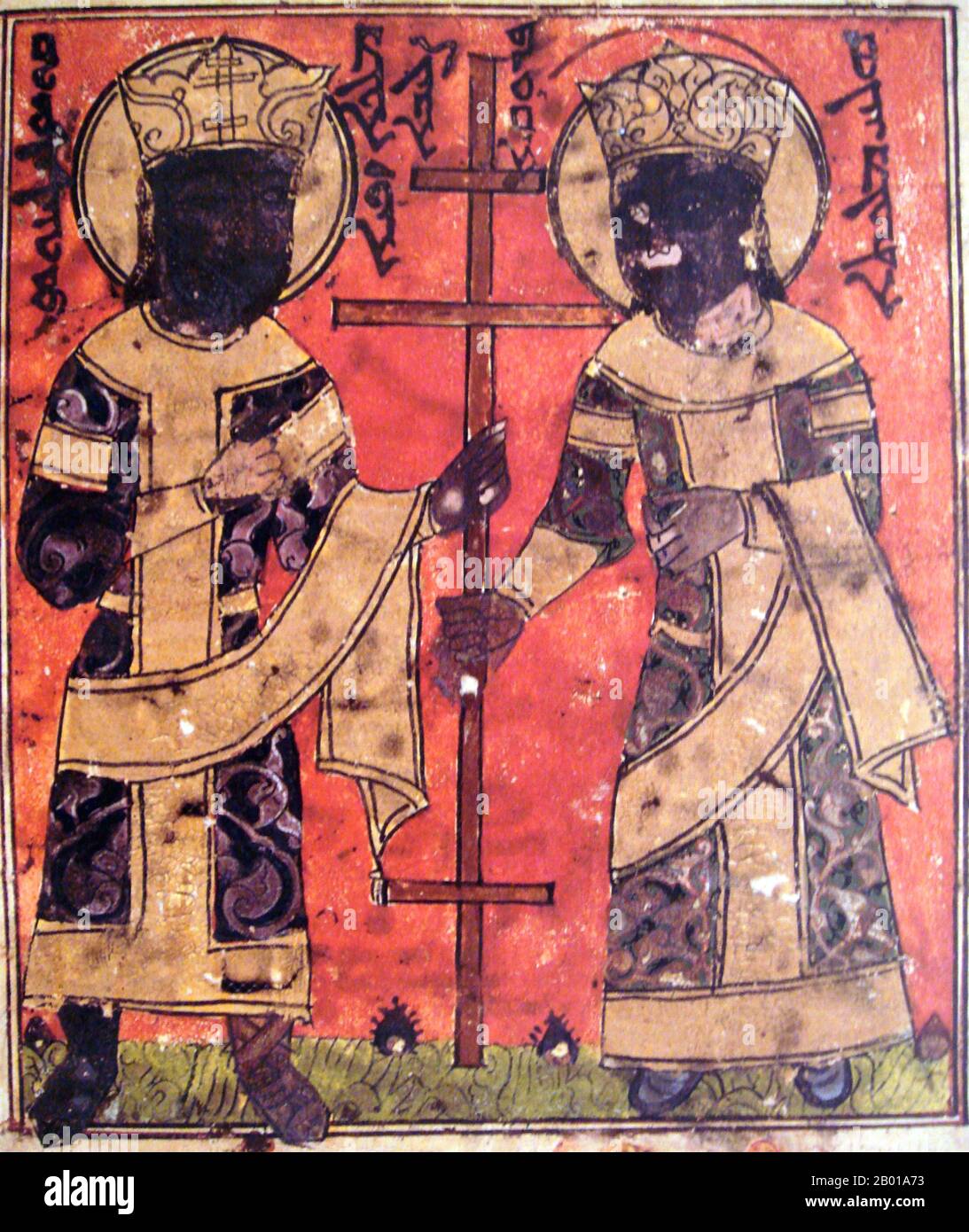 Iran/Mongolia: Hulagu Khan (c. 1217 - 8 febbraio 1265) con la moglie cristiana nestoriana Dokuz Khatun, da una Bibbia siriaca del 13th secolo. Hulagu Khan, noto anche come Hülegü, Hulegu o Halaku, era un sovrano mongolo che conquistò gran parte dell'Asia sud-occidentale. Figlio di Tolui e della principessa Kerait Sorghaghtani Beki, era nipote di Gengis Khan e fratello di Arik Boke, Möngke Khan e Kublai Khan. L'esercito di Hulagu espanse notevolmente la parte sud-occidentale dell'Impero Mongolo, fondando l'Ilkhanato di Persia, precursore dell'eventuale dinastia Safavid, e poi lo stato moderno dell'Iran. Foto Stock