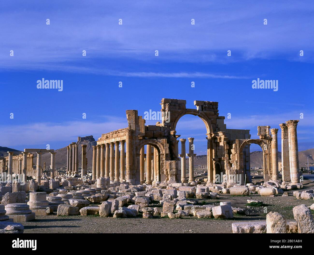 Siria: Castello e Grande colonnato, Palmyra. Palmyra era un'antica città in Siria. Era una città importante nella Siria centrale, situata in un'oasi 215 km a nord-est di Damasco e 180 km a sud-ovest dell'Eufrate a Deir ez-Zor. Era stata a lungo una città carovana vitale per i viaggiatori che attraversavano il deserto siriano ed era conosciuta come la sposa del deserto. Il primo riferimento documentato alla città con il suo nome semitico Tadmor, Tadmur o Tudmur (che significa 'la città che si respinge' in Amorite e 'la città indomitabile' in Aramaico) è registrato in compresse babilonesi trovati in Mari. Foto Stock