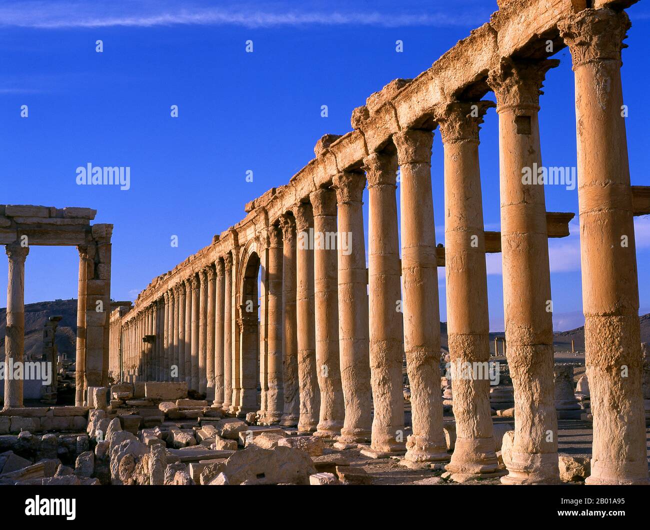 Siria: Il Grande colonnato, Palmyra. Palmyra era un'antica città in Siria. Era una città importante nella Siria centrale, situata in un'oasi 215 km a nord-est di Damasco e 180 km a sud-ovest dell'Eufrate a Deir ez-Zor. Era stata a lungo una città carovana vitale per i viaggiatori che attraversavano il deserto siriano ed era conosciuta come la sposa del deserto. Il primo riferimento documentato alla città con il suo nome semitico Tadmor, Tadmur o Tudmur (che significa 'la città che si respinge' in Amorite e 'la città indomitabile' in Aramaico) è registrato in compresse babilonesi trovati in Mari. Foto Stock
