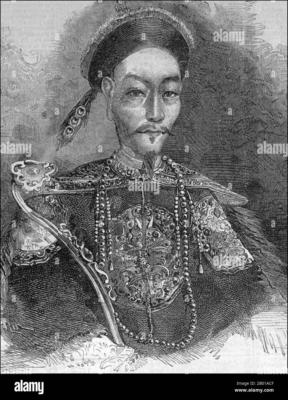 Cina: Disegno occidentale dell'imperatore Xianfeng (17 luglio 1831 - 22 agosto 1861) della dinastia Qing, 19th secolo. L'Imperatore Xianfeng (Hsien-feng), nato Yizhu e il nome del tempio Wenzong, fu l'ottavo Imperatore della dinastia Qing guidata da Manchu, e il settimo imperatore Qing a governare sulla Cina propria (r. 1850-1861). Il suo regno vide la dinastia Qing subire diverse guerre e ribellioni, come la ribellione di Taiping e la seconda guerra dell'Opium. Fu l'ultimo imperatore ad avere un potere di governo totale, e la dinastia Qing fu controllata dall'imperatrice Dowager Cixi dopo la sua morte relativamente giovane per iperindulgenza. Foto Stock