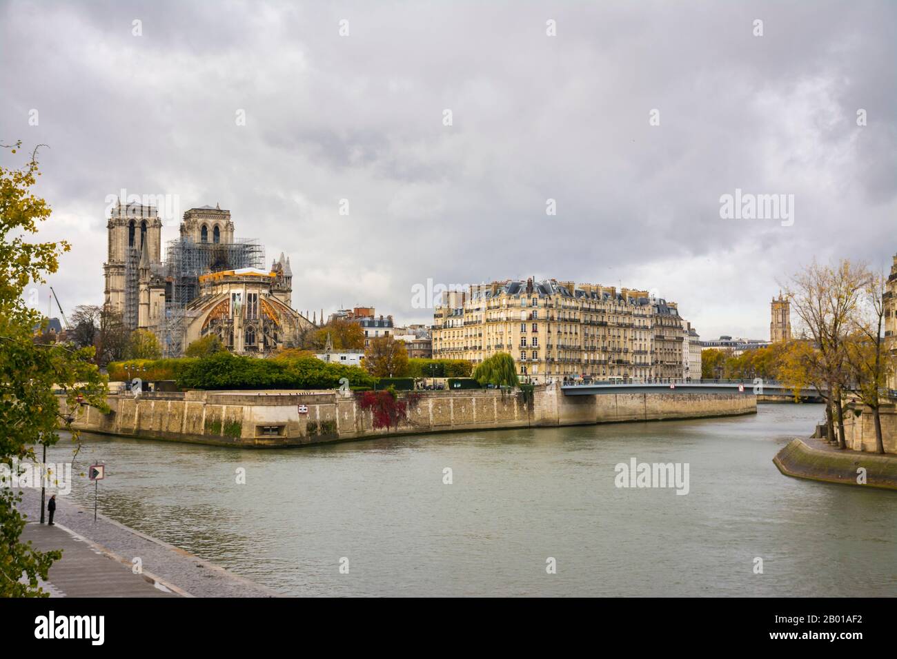 Parigi, Francia - 11 novembre 2019: Cattedrale di Notre Dame con ponteggi di riparazione dal ponte Tournelle. Una persona che guarda il fiume Senna, sulla p Foto Stock