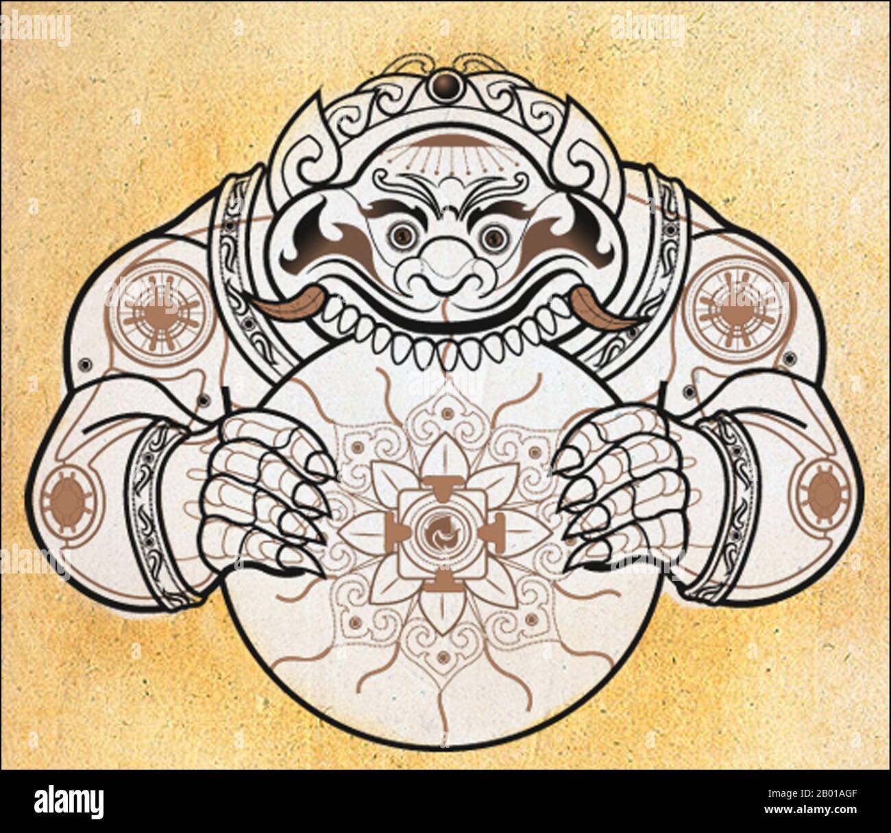 Thailandia: Una rappresentazione thailandese di Rahu, Snake Demon e cavarsio di eclissi solari e lunari. Nella mitologia indù, Rahu è un serpente che inghiottisce il sole o la luna causando eclissi. È raffigurato nell'arte come un drago senza corpo che guida un carro disegnato da otto cavalli neri. Rahu è uno dei navagrahas (nove pianeti) in astrologia vedica. Il Rahu kala (ora del giorno sotto l'influenza di Rahu) è considerato inopportuno. Foto Stock
