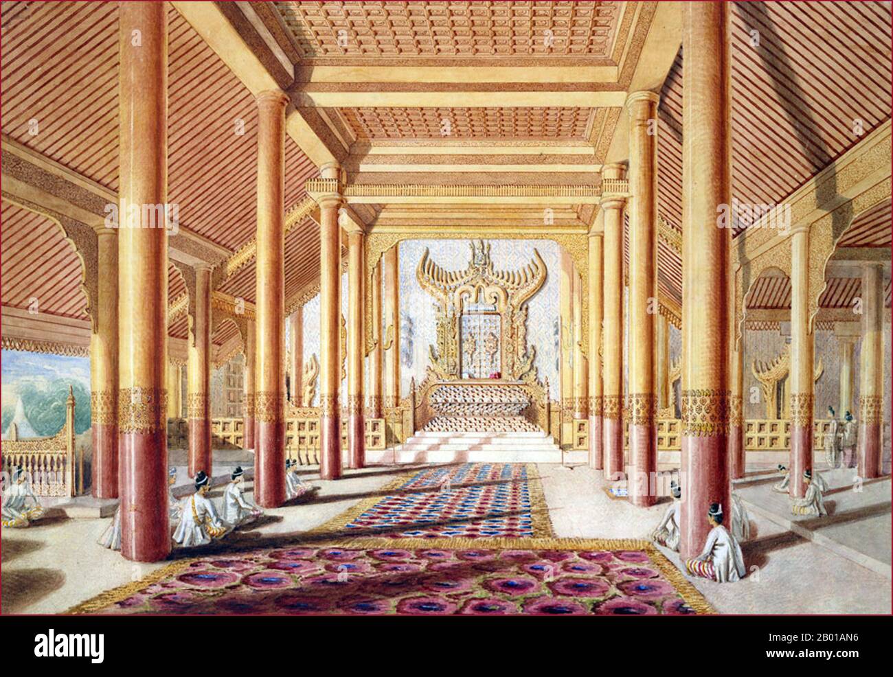 Birmania/Myanmar: La sala del pubblico nel palazzo di Amarapura. Acquerello di Colesworthy Grant (25 ottobre 1813 - 31 maggio 1880), 1855. Nel 1855 gli inglesi inviarono una missione diplomatica alla corte del re Mindon min (r.1853-1878). Grant è stato inviato come artista ufficiale della missione. Insieme a un libro di note stampato privatamente, i suoi disegni danno un resoconto vivido del viaggio, e un numero sono stati utilizzati per illustrazioni alla “narrazione della missione inviata dal Governatore Generale dell’India alla Corte di Ava nel 1855” pubblicata nel 1858. Foto Stock