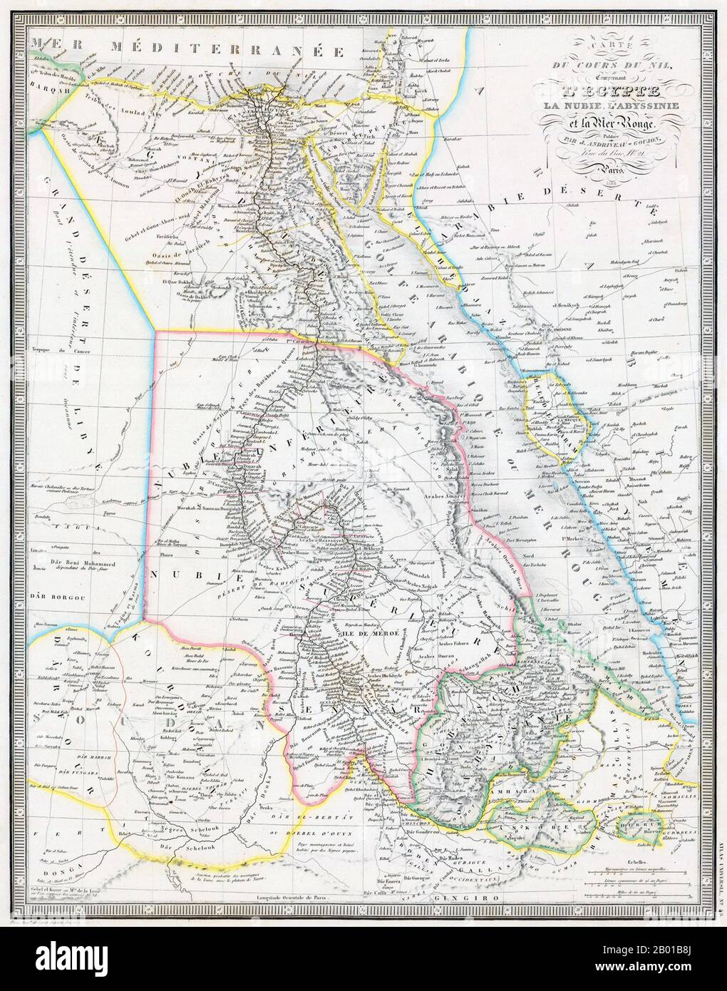 Nord-est Africa: Mappa del Nilo dalla sorgente in Abissinia al Mediterraneo, di Jean Andriveau-Goujon (1832-1897), 1858. Il punto focale di questa mappa è chiaramente il percorso del Nilo Blu fino al suo incrocio con il Nilo Bianco a Khartoum e il corso combinato del fiume verso il Mediterraneo. Sono mostrati numerosi nomi di luoghi, come le sei cataratte del fiume tra Assuan e Khartoum. Le Montagne della Luna (montagnes de la lune) sono presenti nell'angolo inferiore sinistro, dove le fonti del Nilo Bianco eludono ancora la scoperta. Foto Stock
