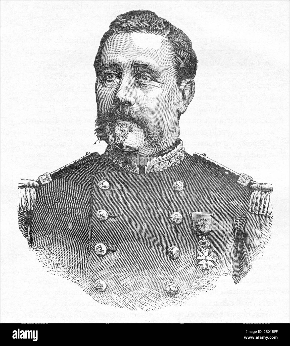 Vietnam/Francia: Generale Alexandre-Eugène Bouët (1833-1887), comandante del Tonkin Expeditionary Corps (r. 1883). Incisione, 1886. La campagna Tonkin (in francese Campagne du Tonkin) fu un conflitto armato combattuto tra giugno 1883 e aprile 1886 dai francesi contro, in vario modo, l'esercito vietnamita, la bandiera nera di Liu Yongfu e gli eserciti cinesi Guangxi e Yunnan per occupare Tonkin (Vietnam settentrionale) e radicarci un protettorato francese. Foto Stock Vietnam/Francia: Generale Alexandre-Eugène Bouët (1833-1887), comandante del Tonkin Expeditionary Corps (r. 1883). Incisione, 1886. La campagna Tonkin (in francese Campagne du Tonkin) fu un conflitto armato combattuto tra giugno 1883 e aprile 1886 dai francesi contro, in vario modo, l'esercito vietnamita, la bandiera nera di Liu Yongfu e gli eserciti cinesi Guangxi e Yunnan per occupare Tonkin (Vietnam settentrionale) e radicarci un protettorato francese. Foto Stock