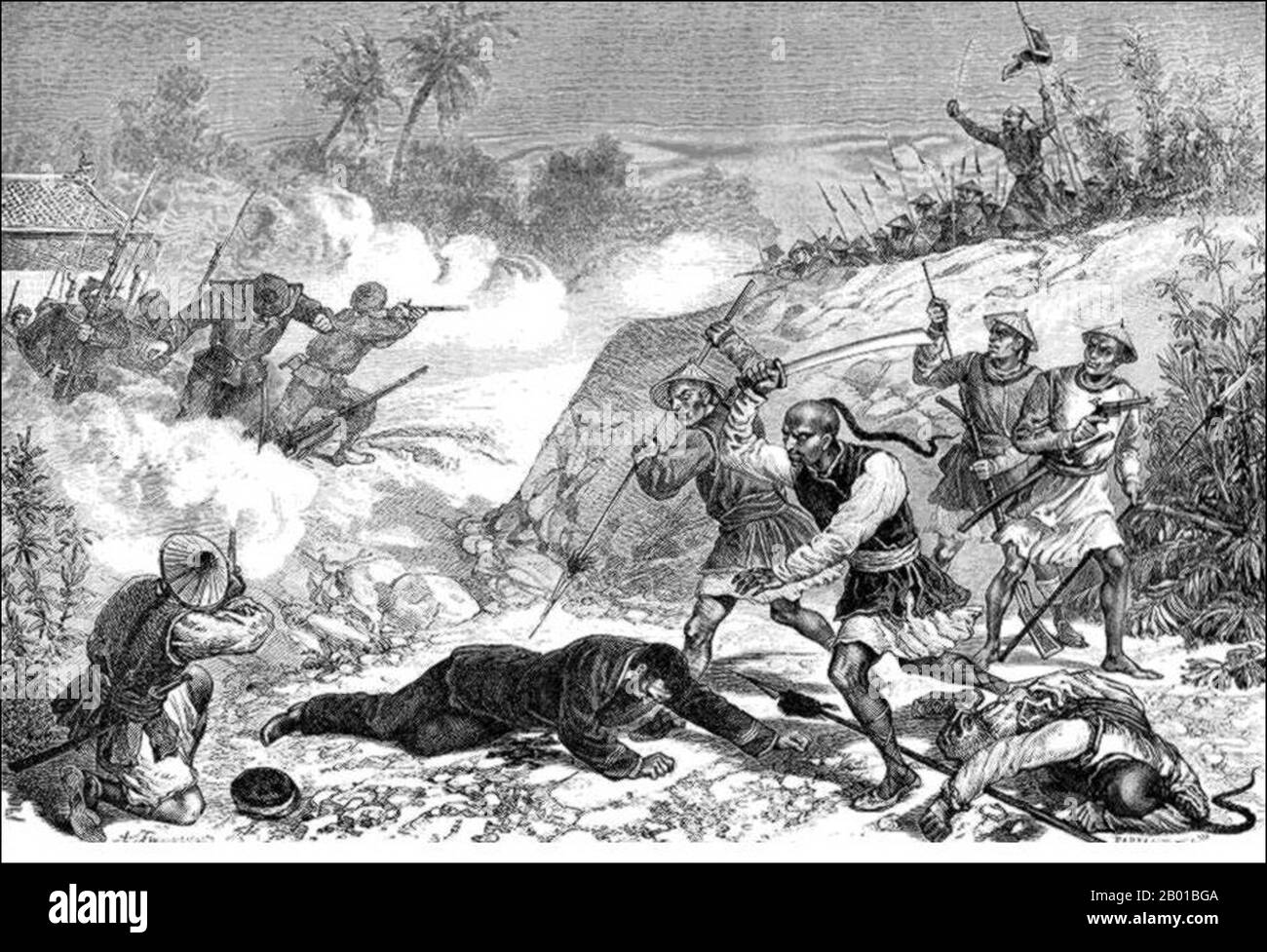 Vietnam/Francia: La morte di Francis Garnier (25 luglio 1839 - 21 dicembre 1873) per mano delle bandiere nere, Hanoi, 1873. Incisione di Alexandre Ferdinandus (1850-1888), c.. 1880s. Marie Joseph Francis Garnier era un ufficiale ed esploratore francese conosciuto per la sua esplorazione del fiume Mekong nell'Asia sudorientale. Nel 1873 Garnier fu inviato a Tonkin dall'ammiraglio Dupré, governatore di Cochinchina, per risolvere una controversia tra le autorità vietnamite e l'imprenditore francese Jean Dupuis. Convinto che i tempi fossero maturi per una conquista francese di Tonkin, Garnier catturò la capitale Hanoi. Foto Stock