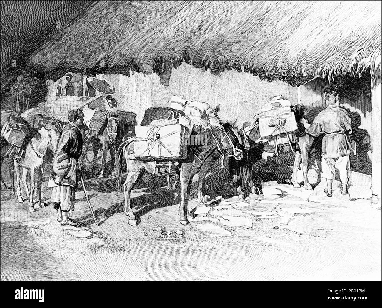 Cina: Haw Caravan sulle colline del Triangolo d'Oro. Illustrazione, c. 1895. La Tea Horse Road (Cha ma Dao) era una rete di sentieri carovani che si snodavano tra le montagne di Yunnan, Sichuan e Tibet nella Cina sudoccidentale. È anche a volte indicato come la strada della seta meridionale e l'antica strada del cavallo del tè. Circa mille anni fa, l'antica via del tè era un collegamento commerciale tra Yunnan, una delle prime regioni produttrici di tè, e l'India attraverso la Birmania, il Tibet e la Cina centrale attraverso la provincia del Sichuan. Oltre al tè, le carovane portavano sale. Foto Stock