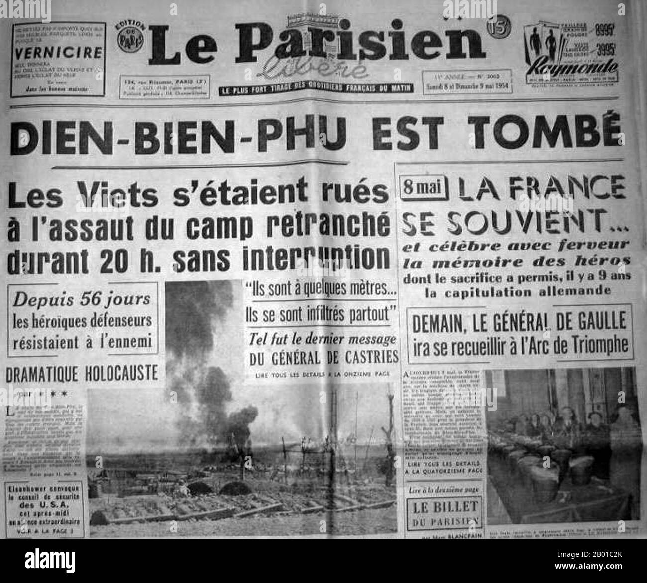 Vietnam/Francia: 'Dien Bien Phu è caduto', prima pagina di 'le Parisien', 8-9 maggio 1954. L'importante battaglia di Dien Bien Phu fu combattuta tra il Việt Minh (guidato dal generale Vo Nguyen Giap) e l'Unione francese (guidata dal generale Henri Navarre). L'assedio della guarnigione francese durò cinquantasette giorni, dalle 5:30 del 13 marzo alle 5:30 del 7 maggio 1954. L'avamposto meridionale o la base del fuoco del campo, Isabelle, non seguì l'ordine del cessate il fuoco e combatté fino al giorno successivo alle 01:00, poche ore prima della lunga conferenza indochina del meeting di Ginevra. Foto Stock