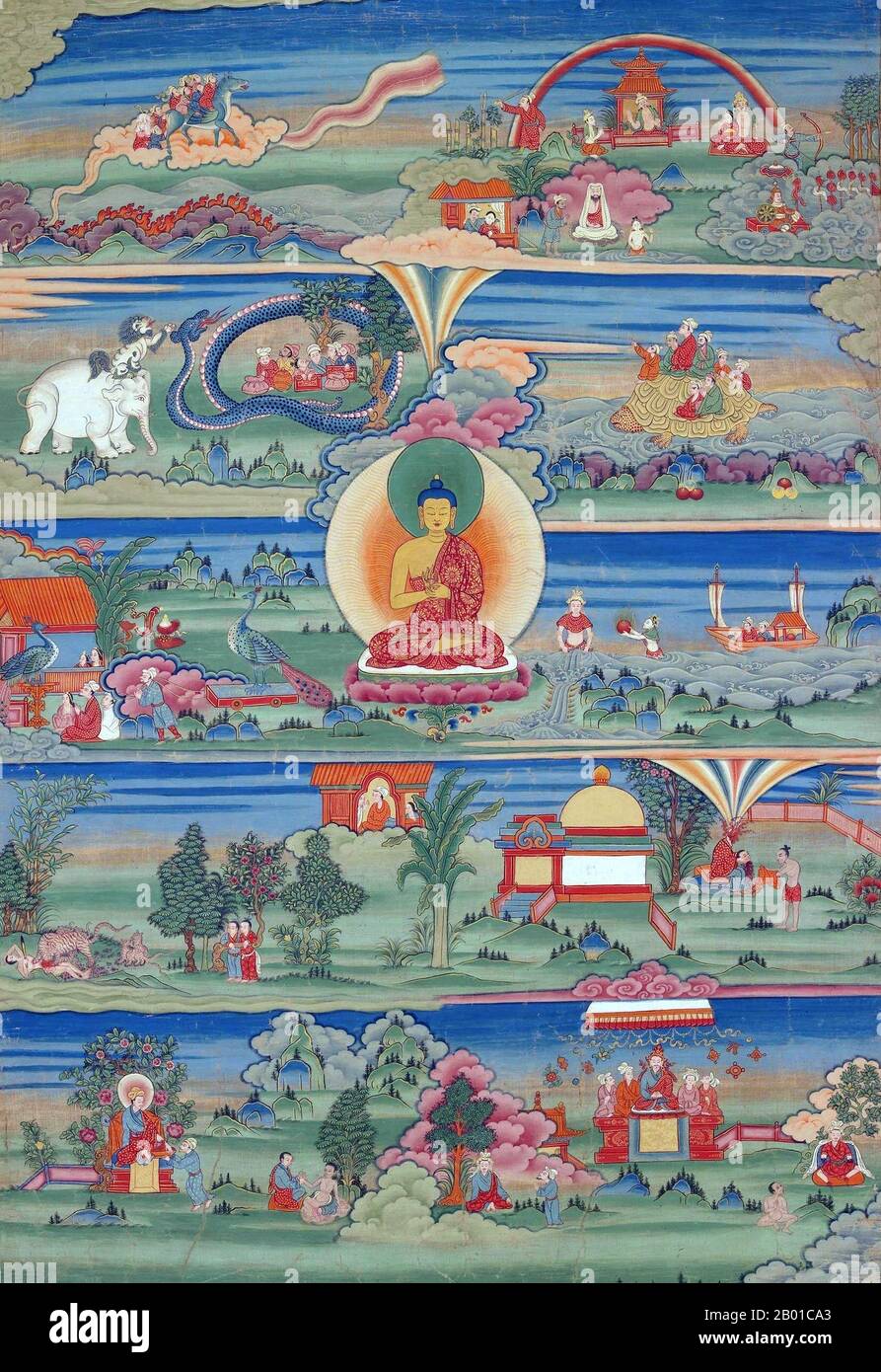 Bhutan: Un thangka di Jataka che racconta i cicli di nascita del Buddha, Phajoding Gompa, Thimphu, 18th-19th ° secolo. Gli Jatakas ('Storia della nascita') sono un grande corpo di letteratura indiana che descrive le precedenti nascite del Buddha di Gautama sia in forma umana che animale. Alcune di queste storie sono considerate grandi opere letterarie di per sé, e si basano sull'idea che il Buddha stava per ricordare le sue vite passate e utilizzare questi ricordi per raccontare una storia morale e illustrare i suoi insegnamenti. Foto Stock