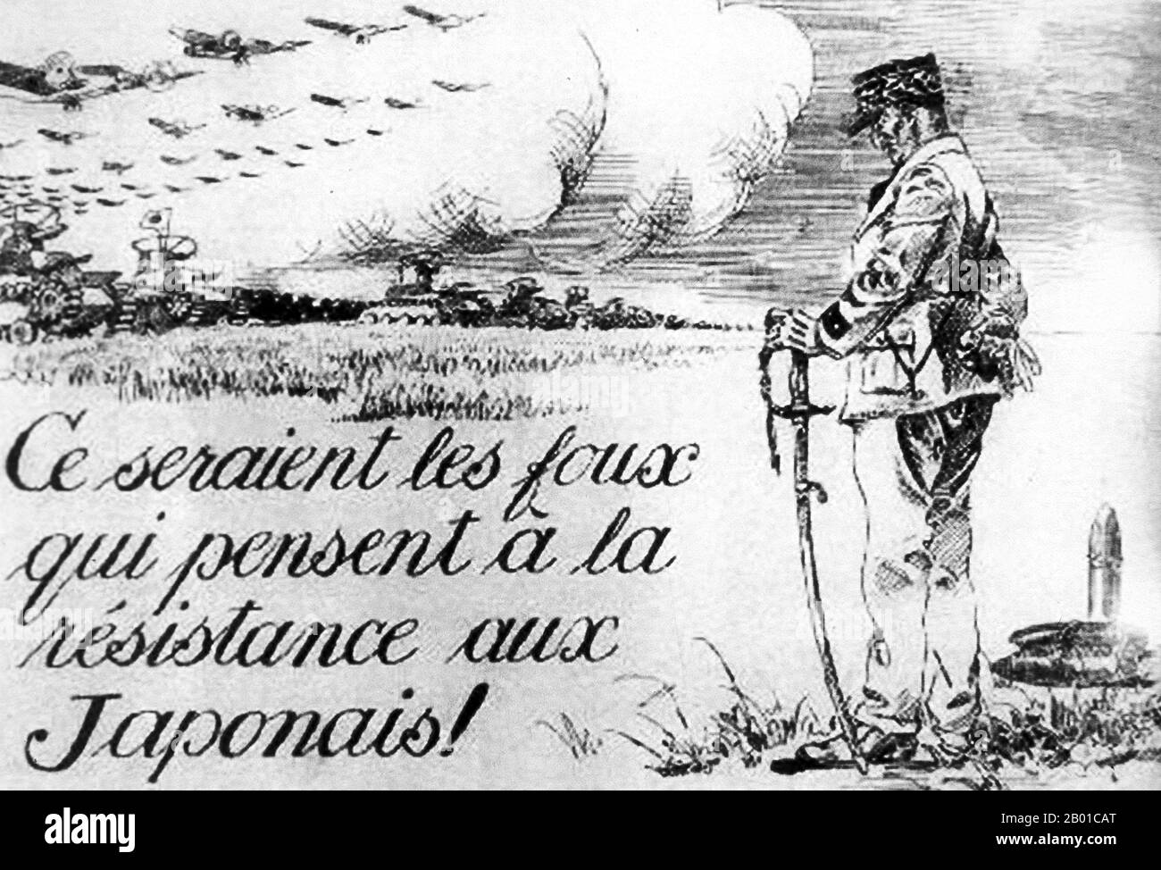 Vietnam/Francia: "Solo il Mad pensa alla resistenza ai giapponesi”. Volantino di propaganda giapponese/Vichy, c.. 1941. L'invasione giapponese dell'Indocina francese, nota anche come spedizione vietnamita, fu una mossa dell'Impero giapponese nel settembre 1940, durante la seconda guerra sino-giapponese, per impedire alla Cina di importare armi e carburante attraverso l'Indocina francese, Via la ferrovia sino-vietnamita dal porto di Haiphong attraverso Hanoi a Kunming in Yunnan. Il Giappone occupò l'Indocina settentrionale, che inasprì il blocco della Cina e rese superflua la continuazione della battaglia di Guangxi meridionale. Foto Stock