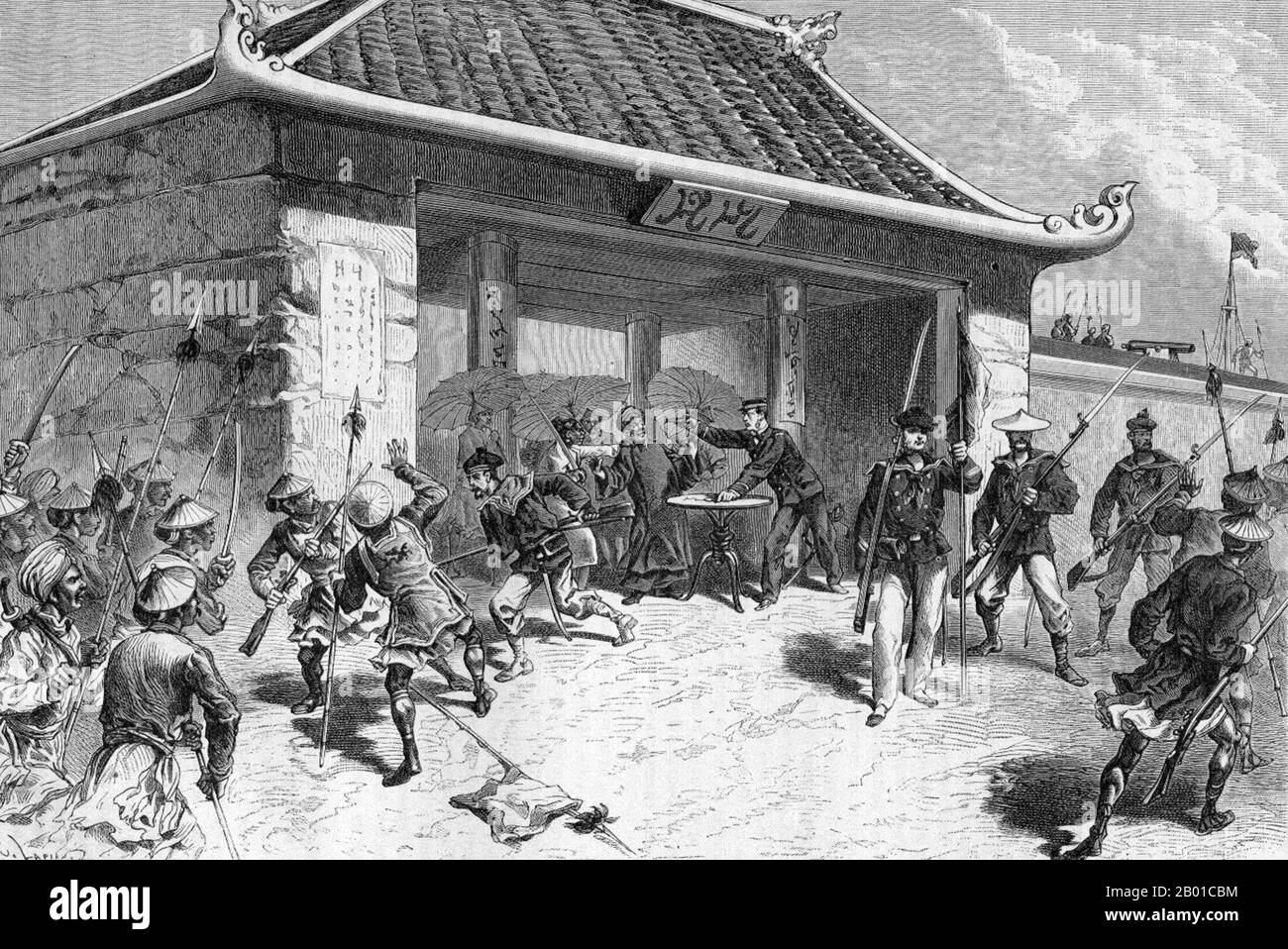 Vietnam: La cattura di Ninh Binh. L'aspirante Hautefeuille minaccia il governatore Nguyễn Vũ con la sua pistola, 5 dicembre 1873. Incisione di Alexandre Ferdinandus (2 marzo 1850 - 8 novembre 1888), c.. 1880. La spedizione Garnier fu una spedizione francese tra novembre 1873 e gennaio 1874 dal tenente Francis Garnier, inviato dalle autorità francesi per riportare in porto l'indisciplabile commerciante francese Jean Dupuis. Tuttavia, quando Garnier arrivò ad Hanoi, si schierò con Dupuis e catturò Hanoi, la capitale della regione di Tonkin, prima di iniziare una campagna fulminea per conquistare la maggior parte della regione. Foto Stock