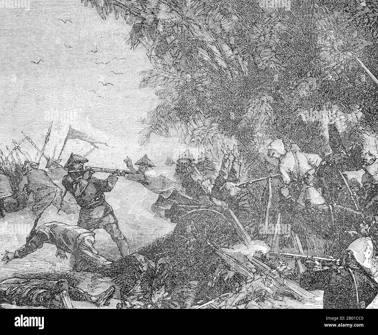 Vietnam: La fanteria francese cattura un forte cinese durante la battaglia di Nui Bop, 4 gennaio 1885. Incisione di Charles-Lucien Huard (12 febbraio 1837 - 22 gennaio 1899), 1887. La campagna Tonkin (in francese Campagne du Tonkin) fu un conflitto armato combattuto tra giugno 1883 e aprile 1886 dai francesi contro, in vario modo, l'esercito vietnamita, la bandiera nera di Liu Yongfu e gli eserciti cinesi Guangxi e Yunnan per occupare Tonkin (Vietnam settentrionale) e radicarci un protettorato francese. Foto Stock