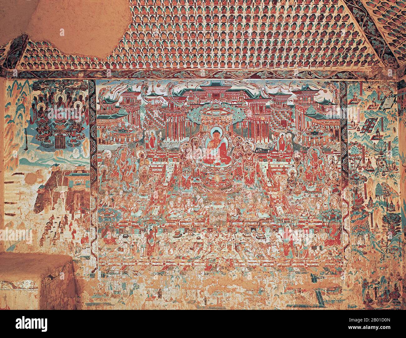 Cina: "Il paradiso occidentale del Buddha di Amitabha". Affresco, Grotte di Mogao, Dunhuang, Gansu, c. 800 CE. Le grotte di Mogao o le grotte di Mogao (cinese: mò gāo kū), conosciuta anche come le Grotte dei mille Buddha e le Grotte di Dunhuang, formano un sistema di 492 templi a 25 km (15,5 miglia) a sud-est del centro di Dunhuang, un'oasi strategicamente situata in un crocevia religioso e culturale sulla Via della Seta, nella provincia di Gansu, Cina. Le grotte contengono alcuni dei migliori esempi di arte buddista che coprono un periodo di 1.000 anni. Le prime grotte furono scavate nel 366 d.C. come luoghi di meditazione buddista. Foto Stock