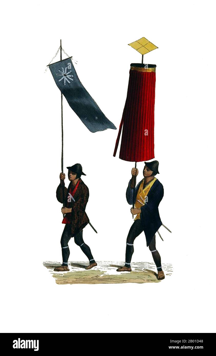 Giappone: Due soldati giapponesi, uno con uno standard e l'altro con un parasolo simbolico. Incisione colorata a mano di Edouard Vermoccken (1 novembre 1820 - 23 novembre 1906), c.. 1843-1844. Incisione colorata a mano da 'Moeurs, Usages, et Costumes de tous les Peuples de Monde, d'apres des Documents AUTHENTIQUES et les Voyages les Plus Rents', di Auguste Wahlen (Bruxelles, 1843-1844). Foto Stock