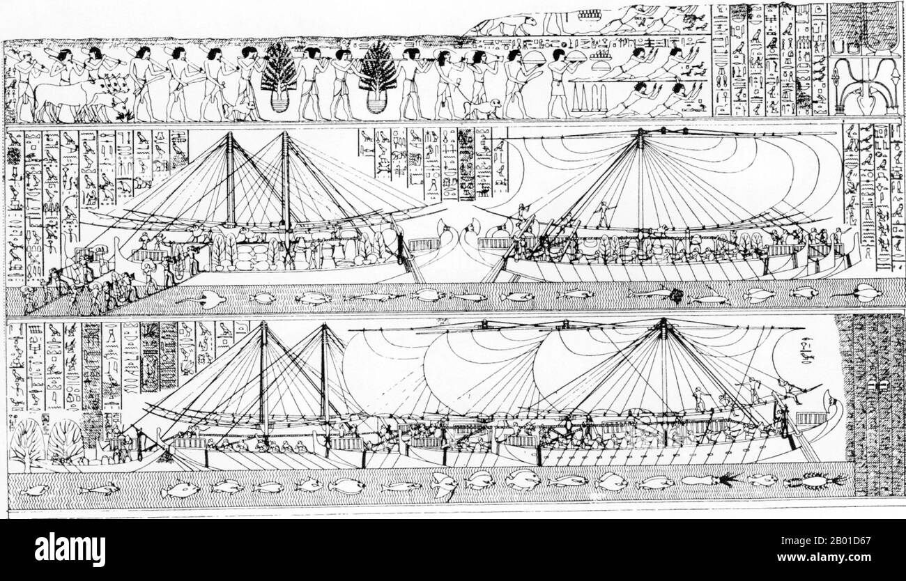 Hatshepsut stabilì le reti commerciali che erano state distrutte durante l'occupazione di Hyksos in Egitto durante Il Secondo Periodo Intermedio, costruendo così la ricchezza della diciottesima dinastia. Ha superveduto i preparativi ed il finanziamento per una missione nella terra di Punt. La spedizione partì a suo nome con cinque navi, ciascuna di 21 m di lunghezza, che portavano diverse vele e ospitavano 210 uomini che comprendevano marinai e 30 vogatori. Molti beni commerciali sono stati acquistati a Punt, in particolare mirra. In particolare, tuttavia, gli egiziani tornarono dal viaggio che porta trentuno alberi di mirra vivi, Foto Stock