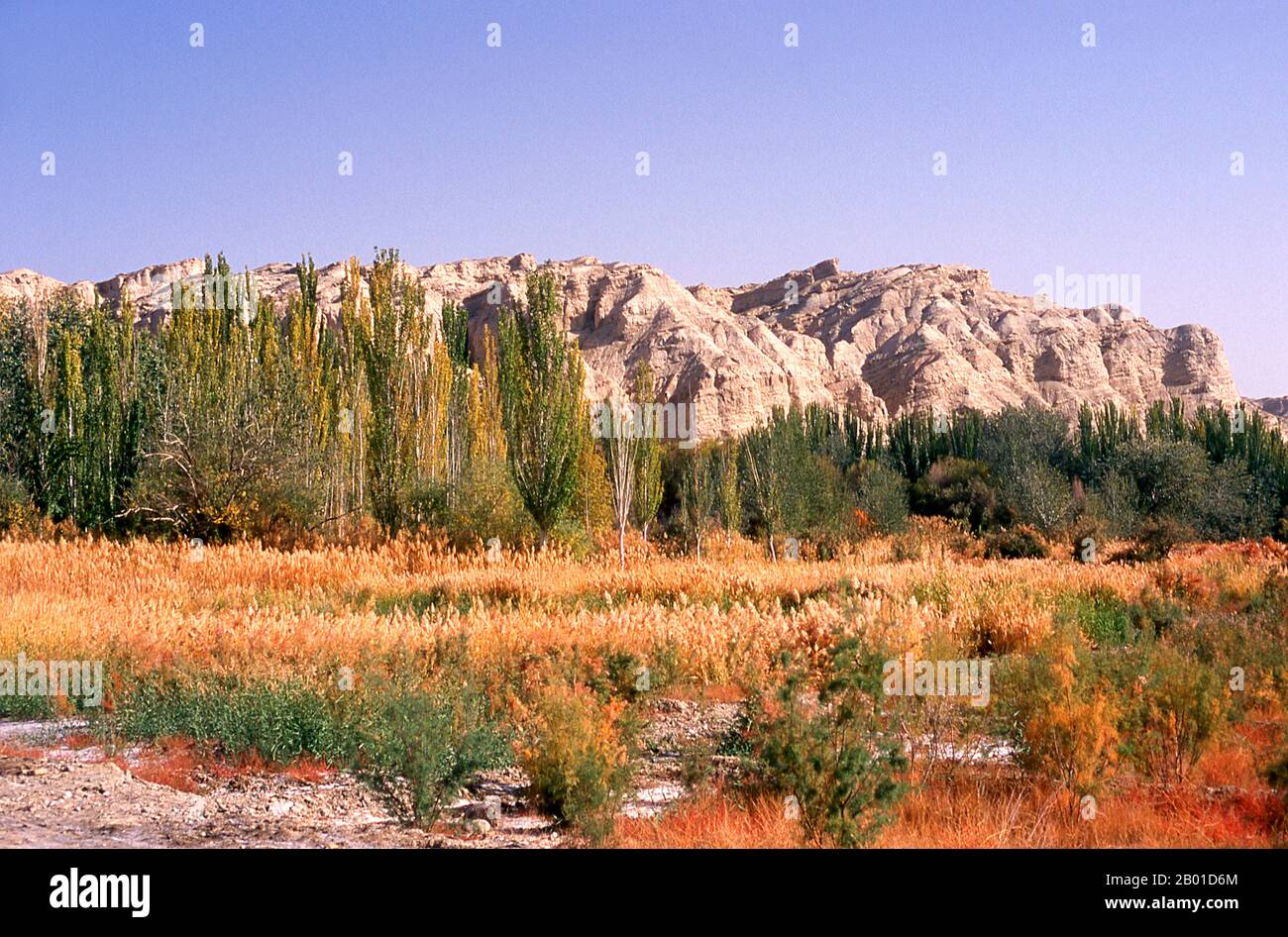Cina: Paesaggio montano vicino alle grotte di Kizil Thousand Buddha, Kuqa, provincia di Xinjiang. Le grotte di Kizil (Qizil Ming Oy; Grotta di Kizil di mille Buddha) sono 236 grotte scavate nella roccia buddhiste situate vicino alla cittadina di Kizil a Xinjiang. Il sito si trova sulla riva settentrionale del fiume Muzat, a 75 chilometri di strada a nord-ovest di Kucha (Kuqa). Quest'area era un centro commerciale della Via della Seta. Si dice che le grotte siano il più antico complesso di grotte buddiste di Xinjiang, con uno sviluppo che si verifica tra i secoli 3rd e 8th. Foto Stock