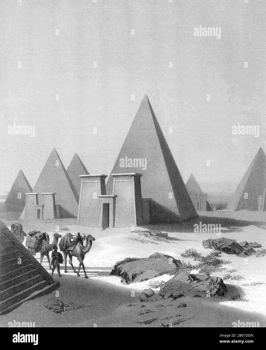 Sudan: Piramidi nubiane del periodo meroitico (circa 100 a.C. -150 d.C.) a Jebel Barkal. Incisione di William French (1815-1898) dopo Max Schmidt (1818-1901), 1850. Meroë (anche scritto Meroe) è il nome di un'antica città sulla riva orientale del Nilo, a circa 6 km a nord-est della stazione di Kabushiya vicino a Shendi, Sudan, a circa 200 km a nord-est di Khartoum. Vicino al sito si trova un gruppo di villaggi chiamati Bagrawiyah. Questa città è stata la capitale del Regno di Kush per diversi secoli. Il regno kushitico di Meroë diede il nome all'isola di Meroë, che era la moderna regione di Butana. Foto Stock