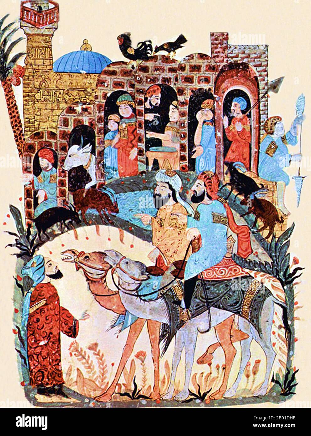 Iraq/Arabia: Una conversazione in un villaggio. Miniatura di Yahya ibn Mahmud al-Wasiti (13th ° secolo), 1237 CE. Yahyâ ibn Mahmûd al-Wâsitî è stato un artista arabo islamico del 13th° secolo. Al-Wasiti è nato a Wasit, nel sud dell'Iraq. Fu notato per le sue illustrazioni del Maqam di al-Hariri. Maqāma (letteralmente 'assemblee') sono un genere letterario arabo (originariamente) di prosa rima con intervalli di poesia in cui lo stravagamento retorico è cospicuo. Si dice che l'autore del 10th° secolo Badī' al-Zaman al-Hamadhāni abbia inventato la forma, che fu estesa da al-Hariri di Bassora nel secolo successivo. Foto Stock