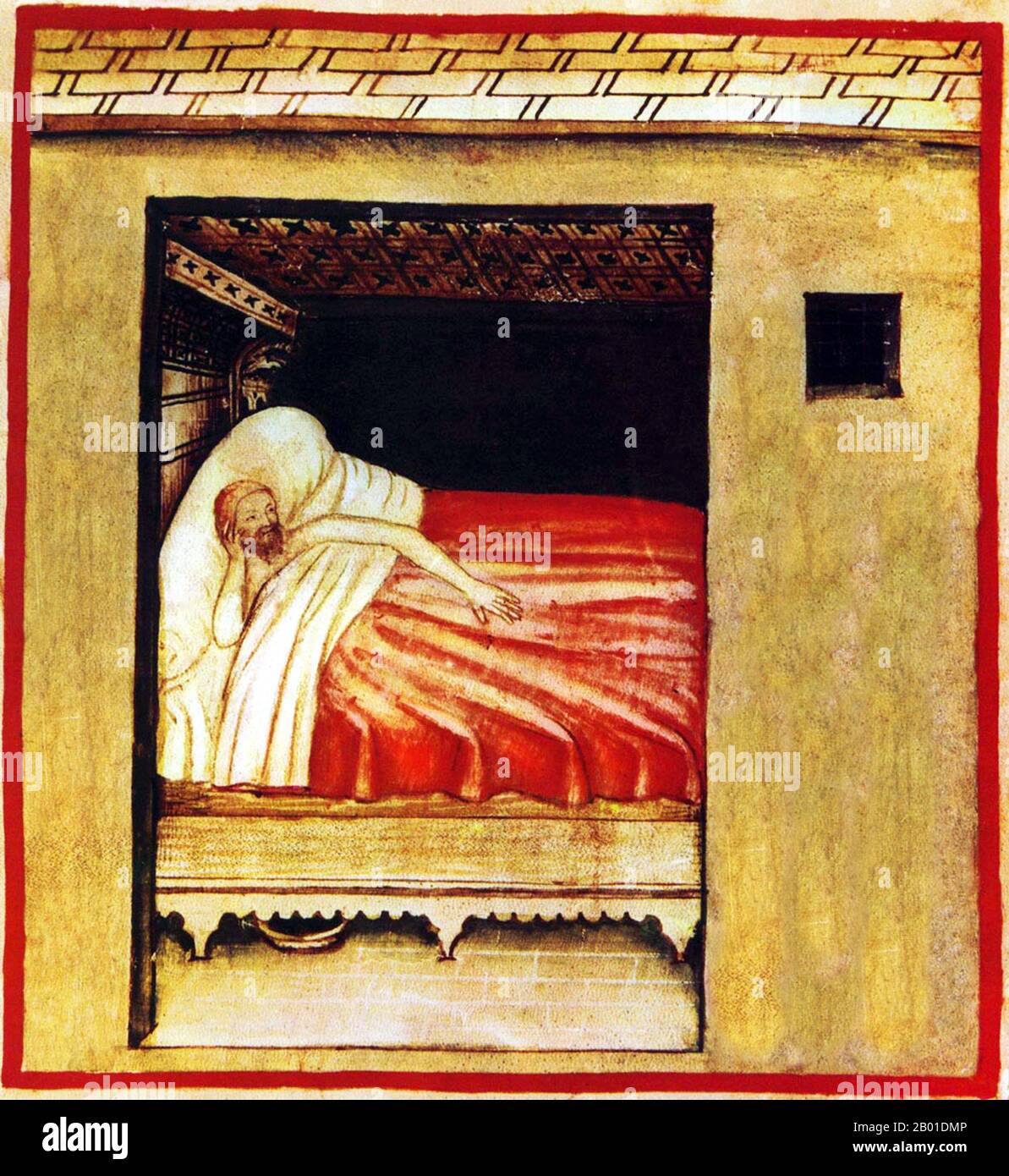 Iraq/Italia: Insonnia - un insonniaco. Illustrazione da Taqwim al-sihha di Ibn Butlan o 'mantenimento della Salute', pubblicato in Italia come Tacuinum Sanitatis, 14th ° secolo. Il Tacuinum (a volte Taccuinum) Sanitatis è un manuale medievale sulla salute e il benessere, basato sul Taqwim al-sihha, un trattato medico arabo dell'XI secolo di Ibn Butlan di Baghdad. Ibn Butlân era un medico cristiano nato a Bagdad e morto nel 1068. Egli ha esposto sei elementi necessari per mantenere la salute quotidiana. Foto Stock